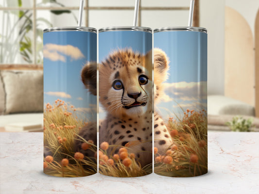 Cute Baby Cheetah Tumbler with Grass Field Background