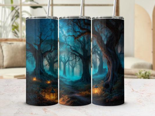 Enchanted forest scene with lanterns on a tumbler design.