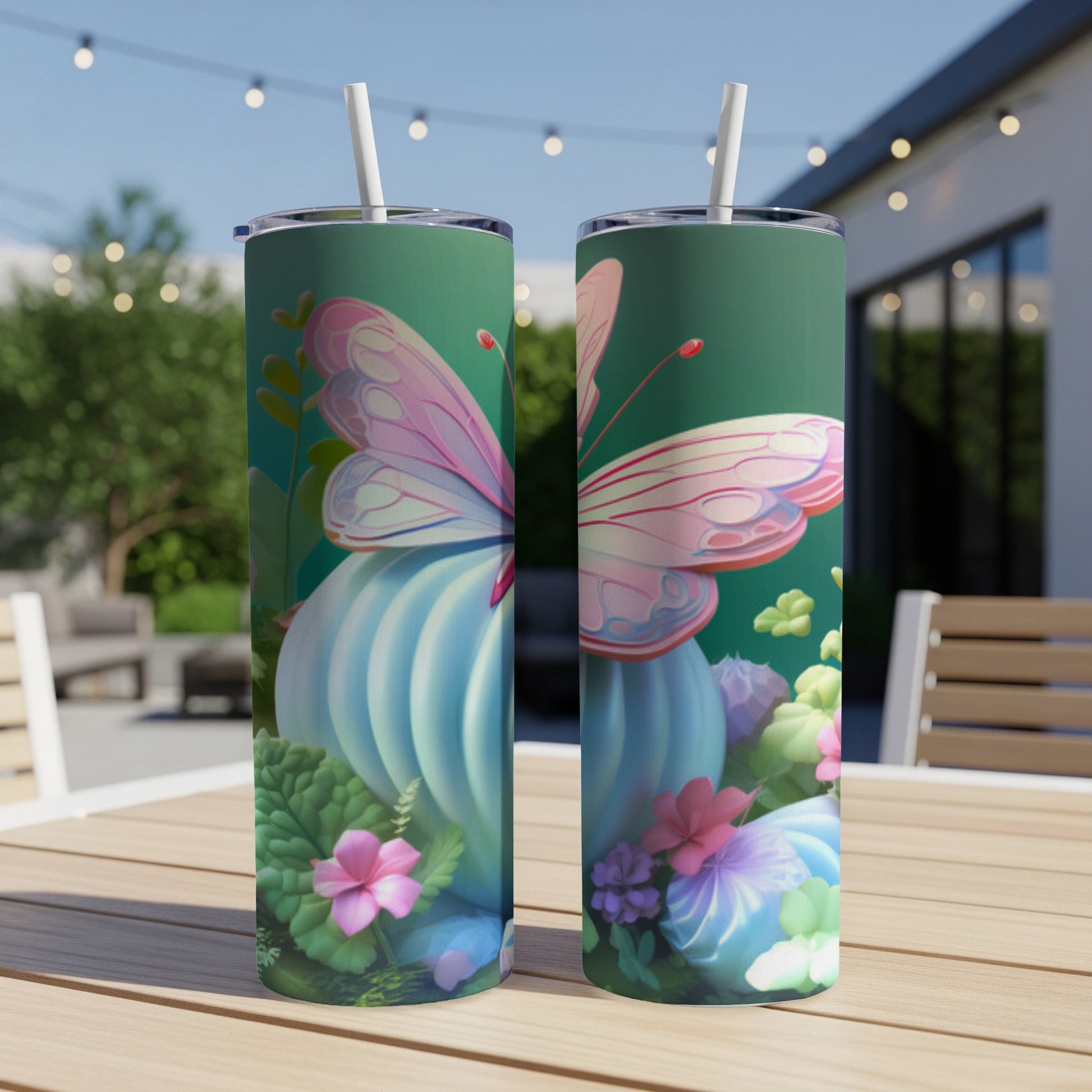 Two green tumblers with a butterfly and floral design sit on a table.