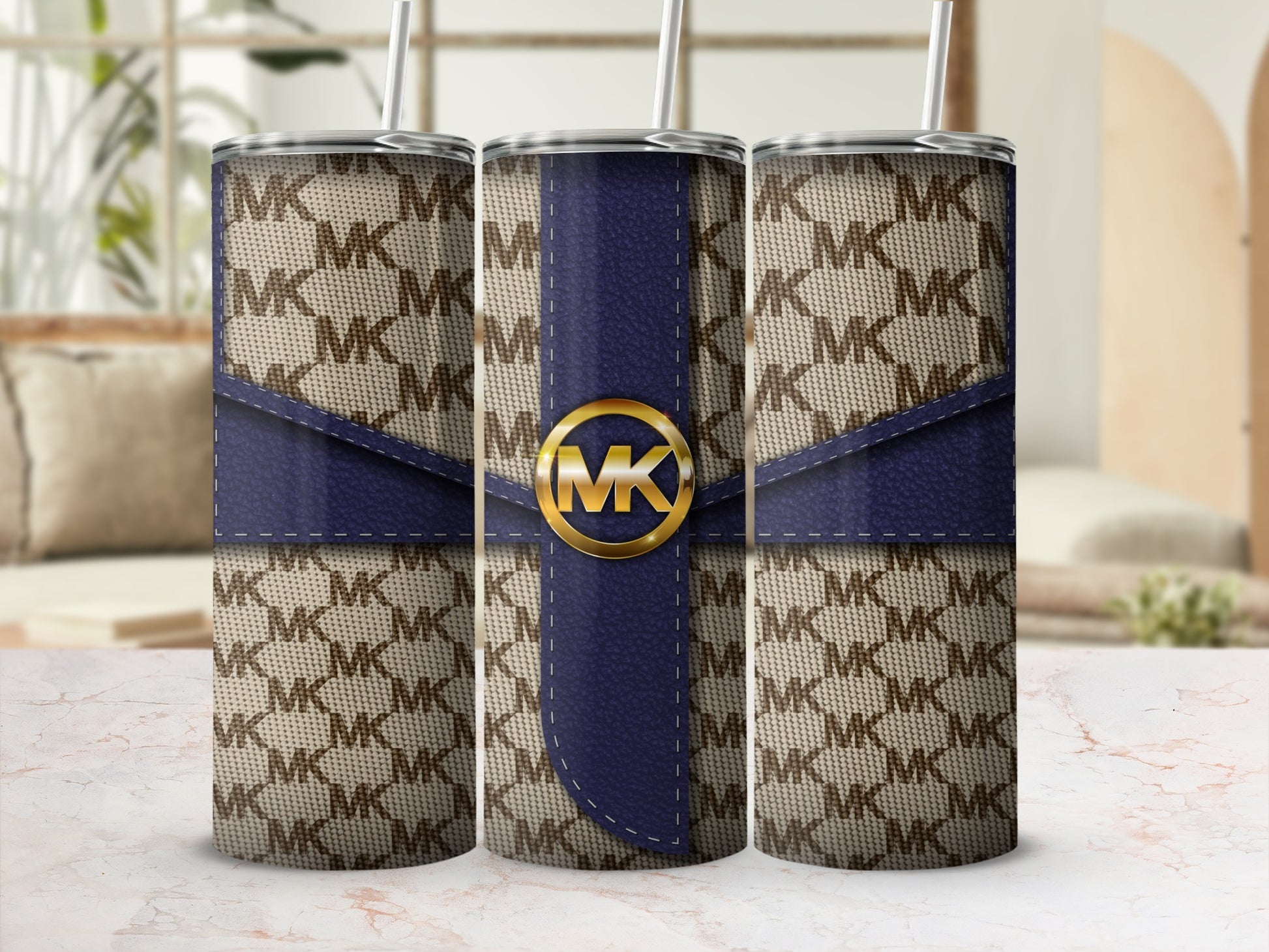 Stylish MK Patterned Tumbler with Blue Accent Tumbler