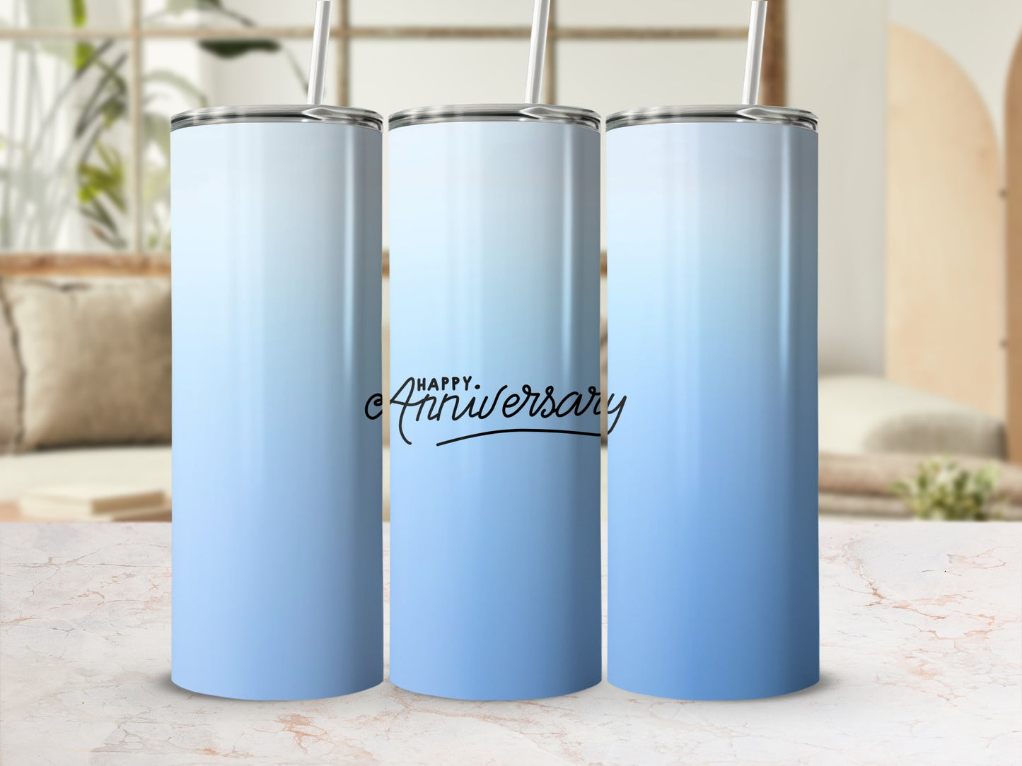 Gradient blue tumbler with "Happy Anniversary" text.