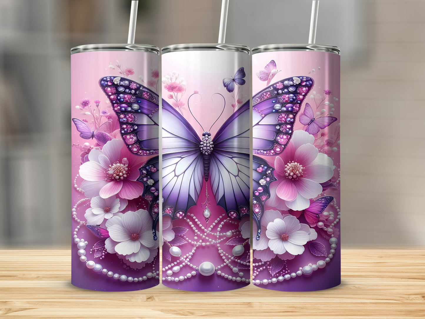 Jeweled Butterfly Pink Purple Floral Pearl Tumbler product type