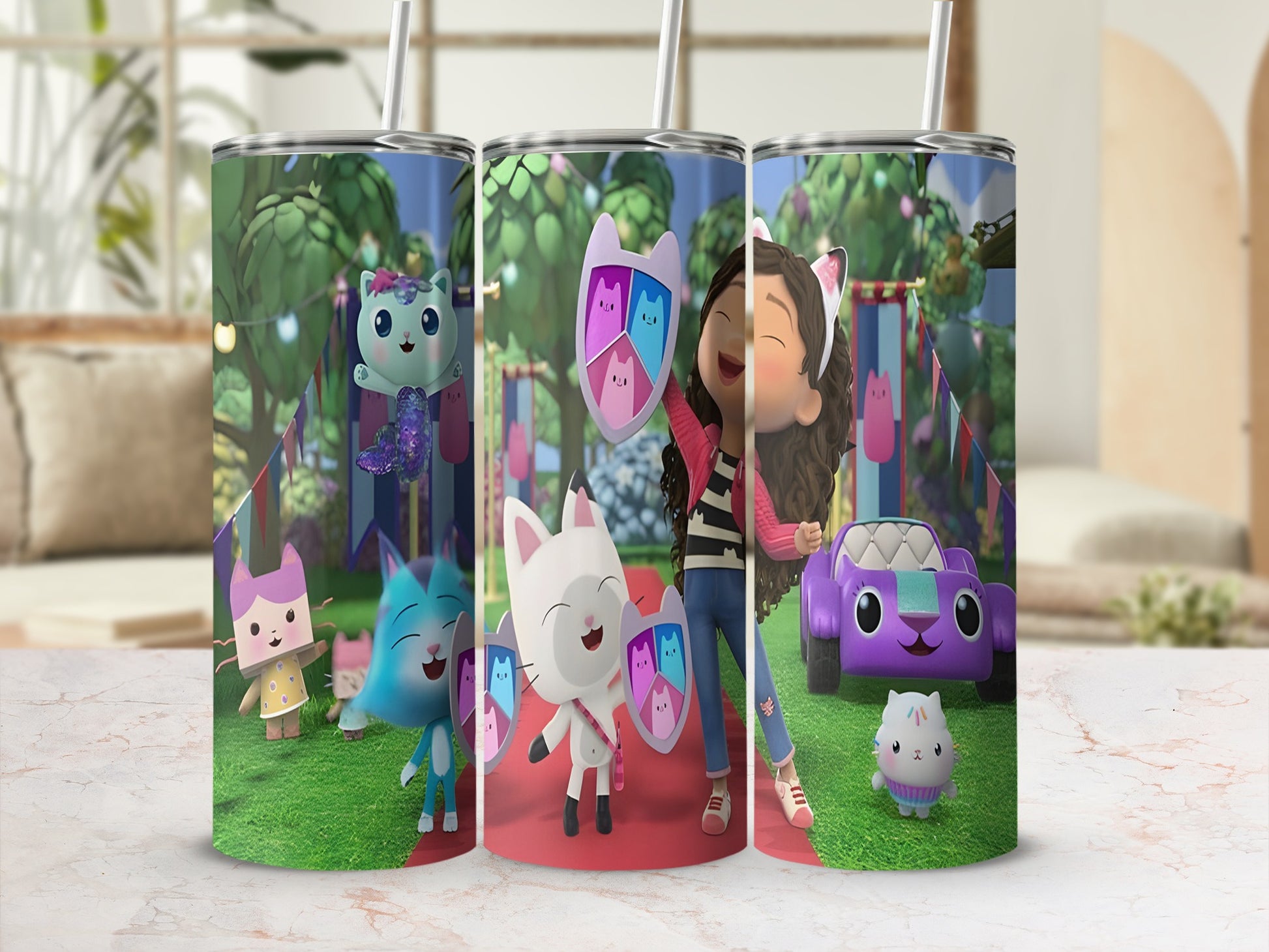 Gabby's Dollhouse characters and a purple car on a patterned surface.