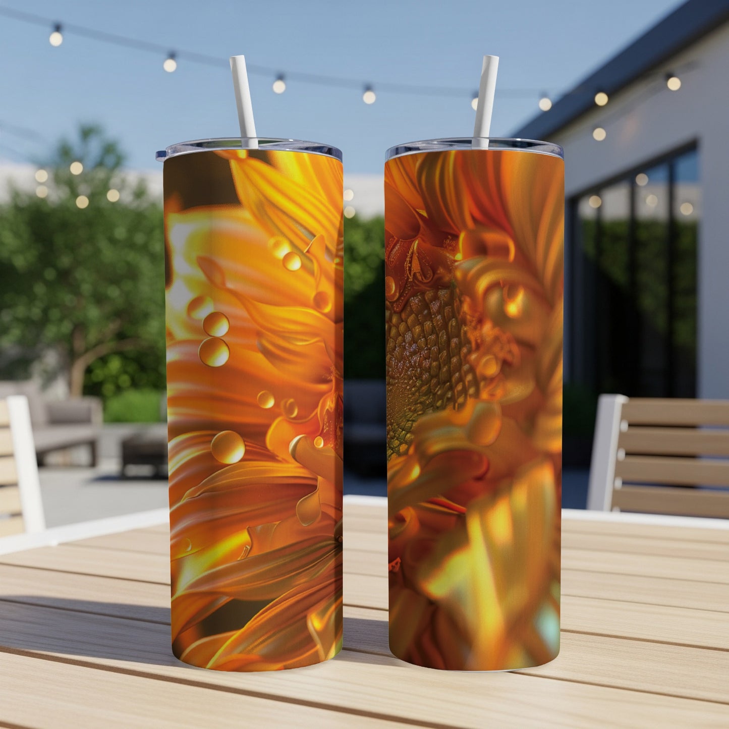 Two tumblers with close-up orange flower and dewdrop designs.