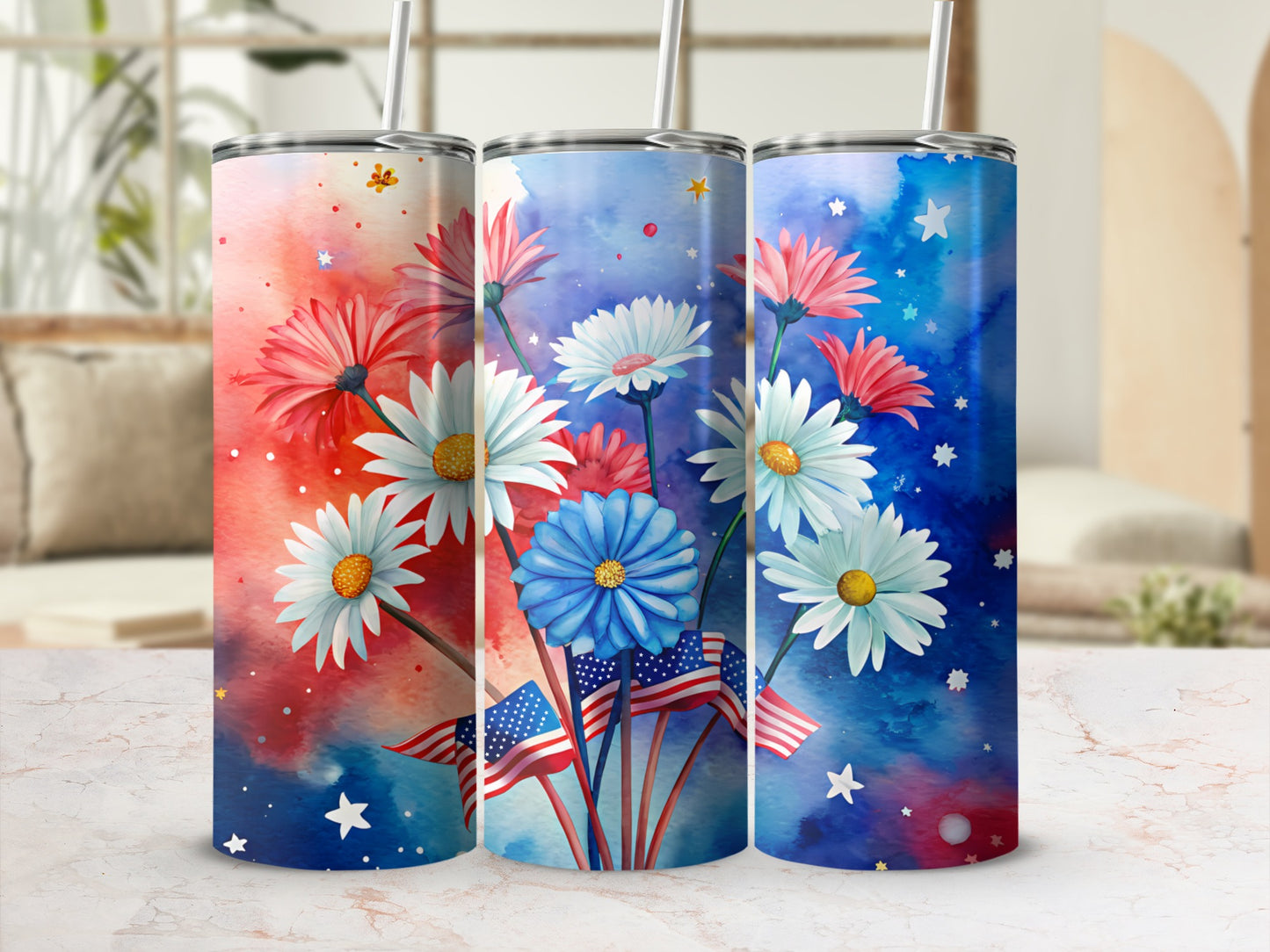 Three tumblers with patriotic floral and flag designs.