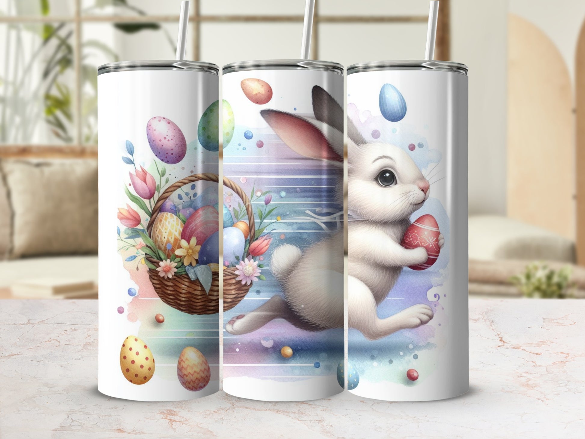 Easter bunny carrying an egg, surrounded by painted eggs and a basket.