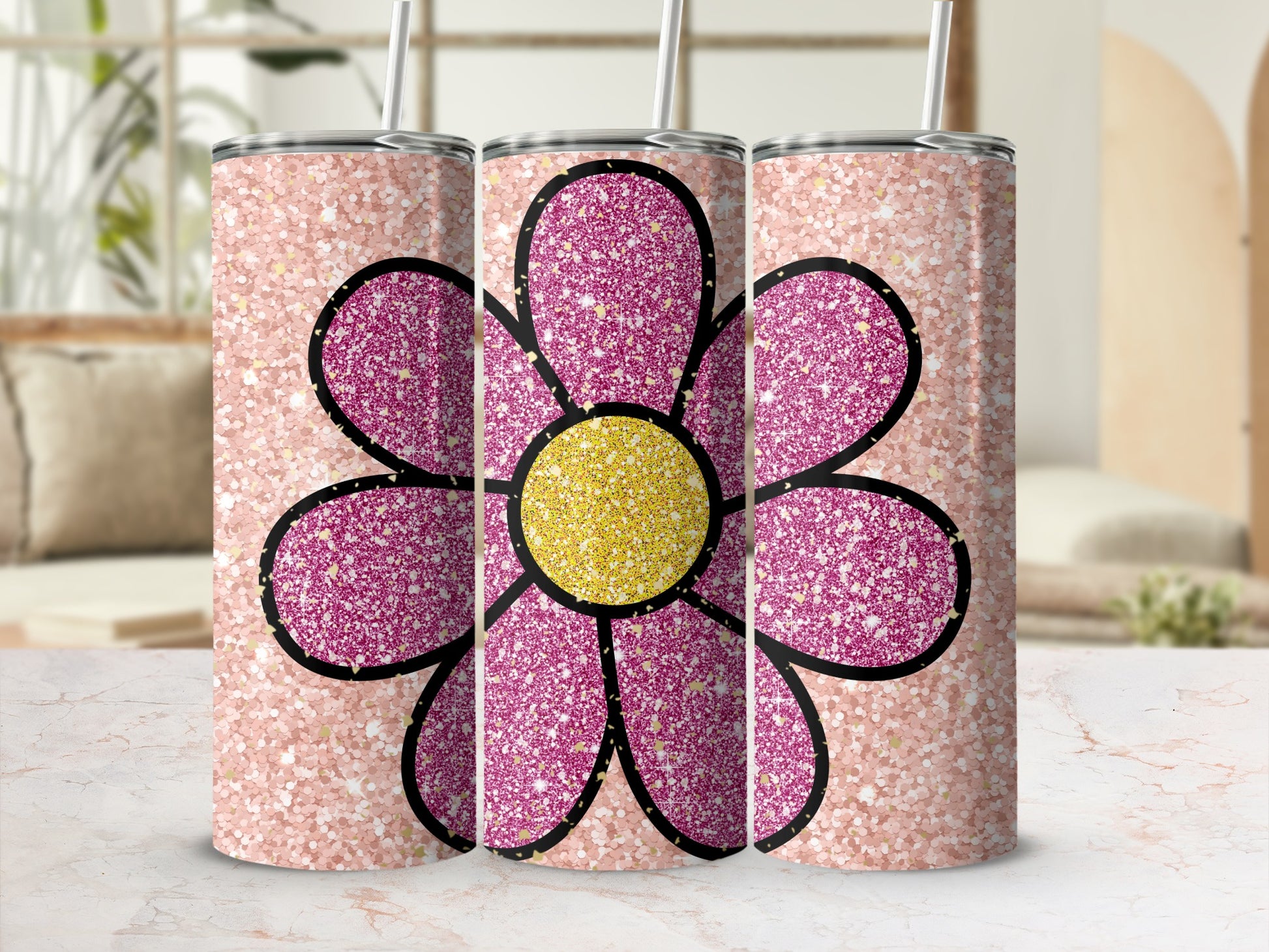 Sparkly Pink Flower Design Tumbler Flask Cup