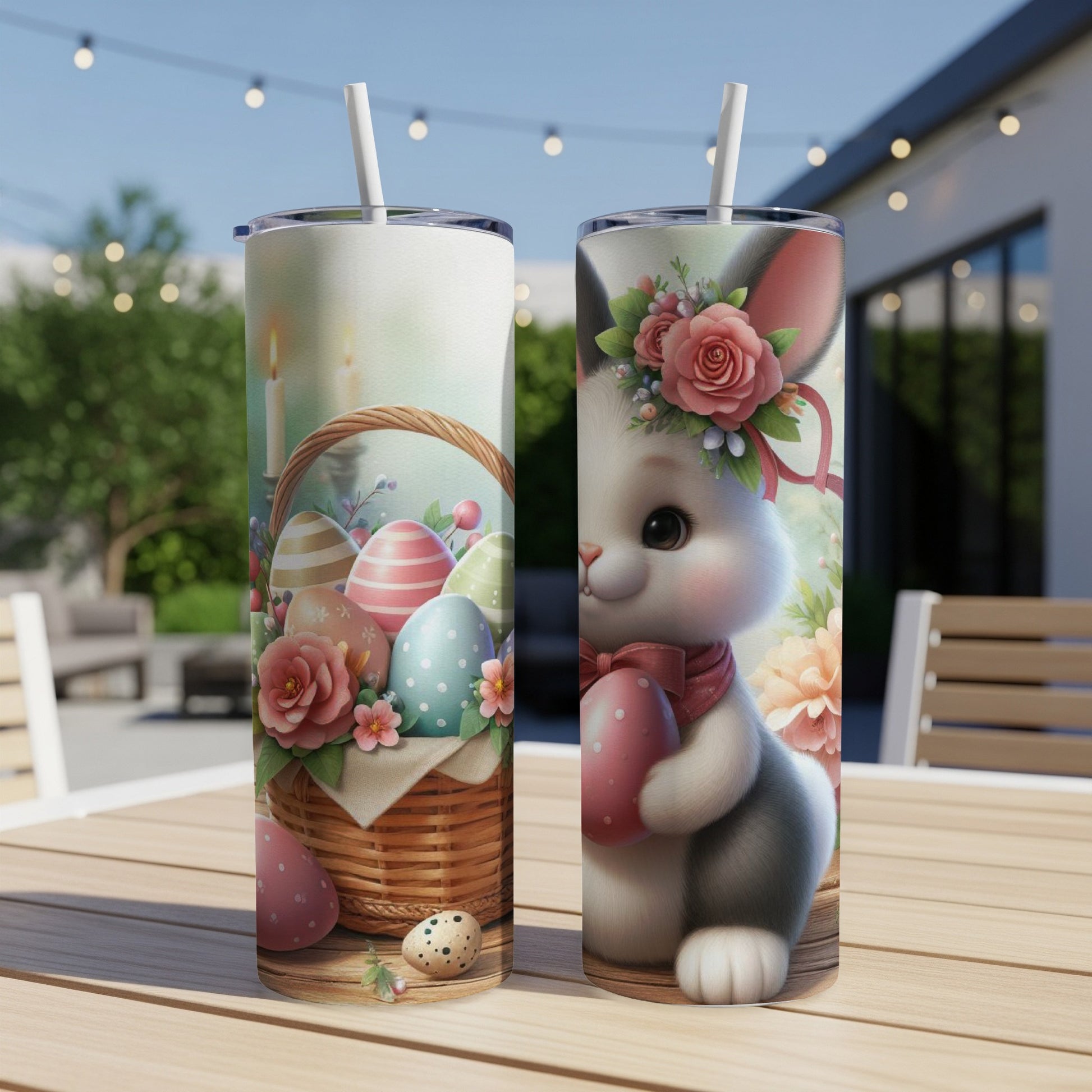 Easter bunny with basket of eggs, on insulated tumbler with floral accents.