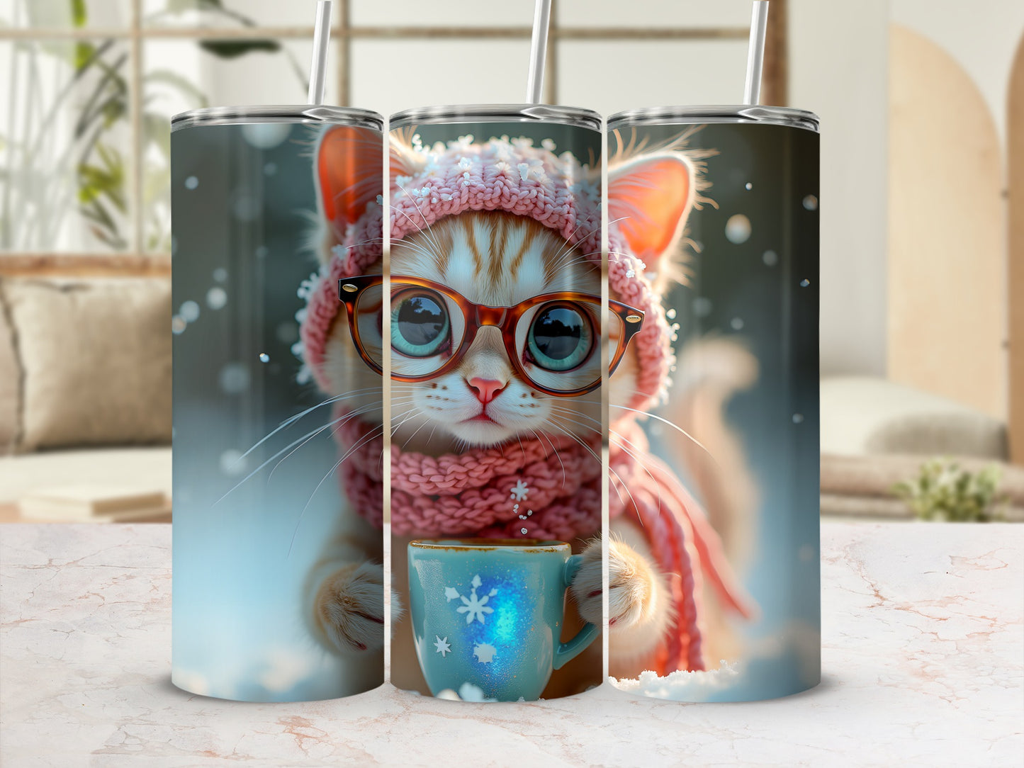 Ginger kitten wearing glasses and a knitted hat holding a mug.
