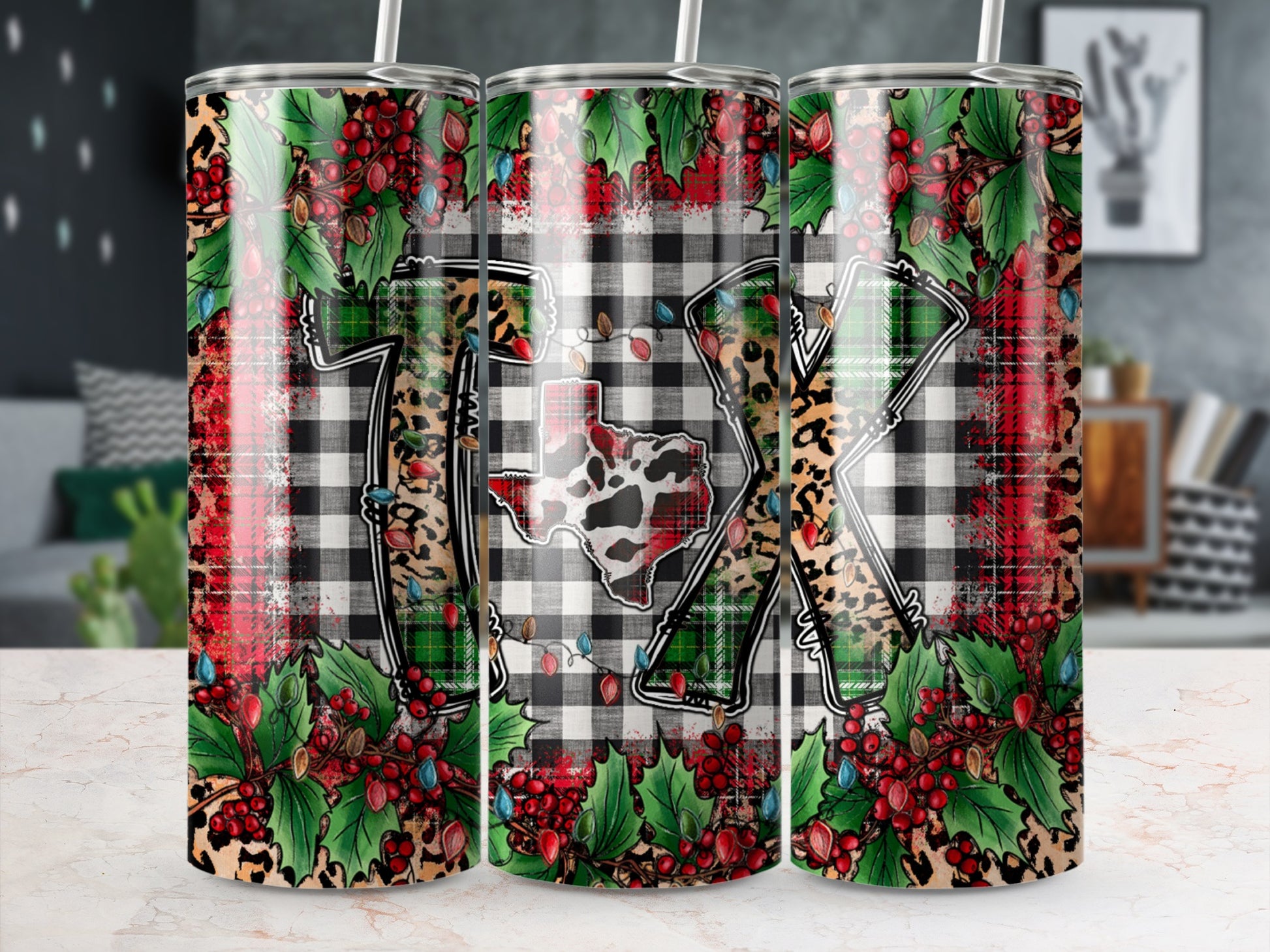 Tumbler with Texas shape, plaid, leopard print, and holly berries.