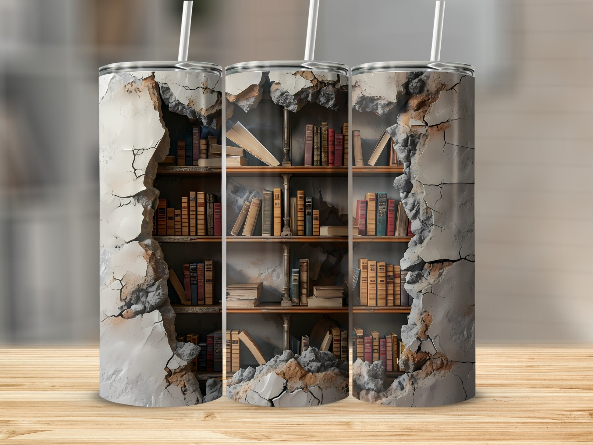 Three tumblers with cracked concrete exteriors revealing bookshelves and books.