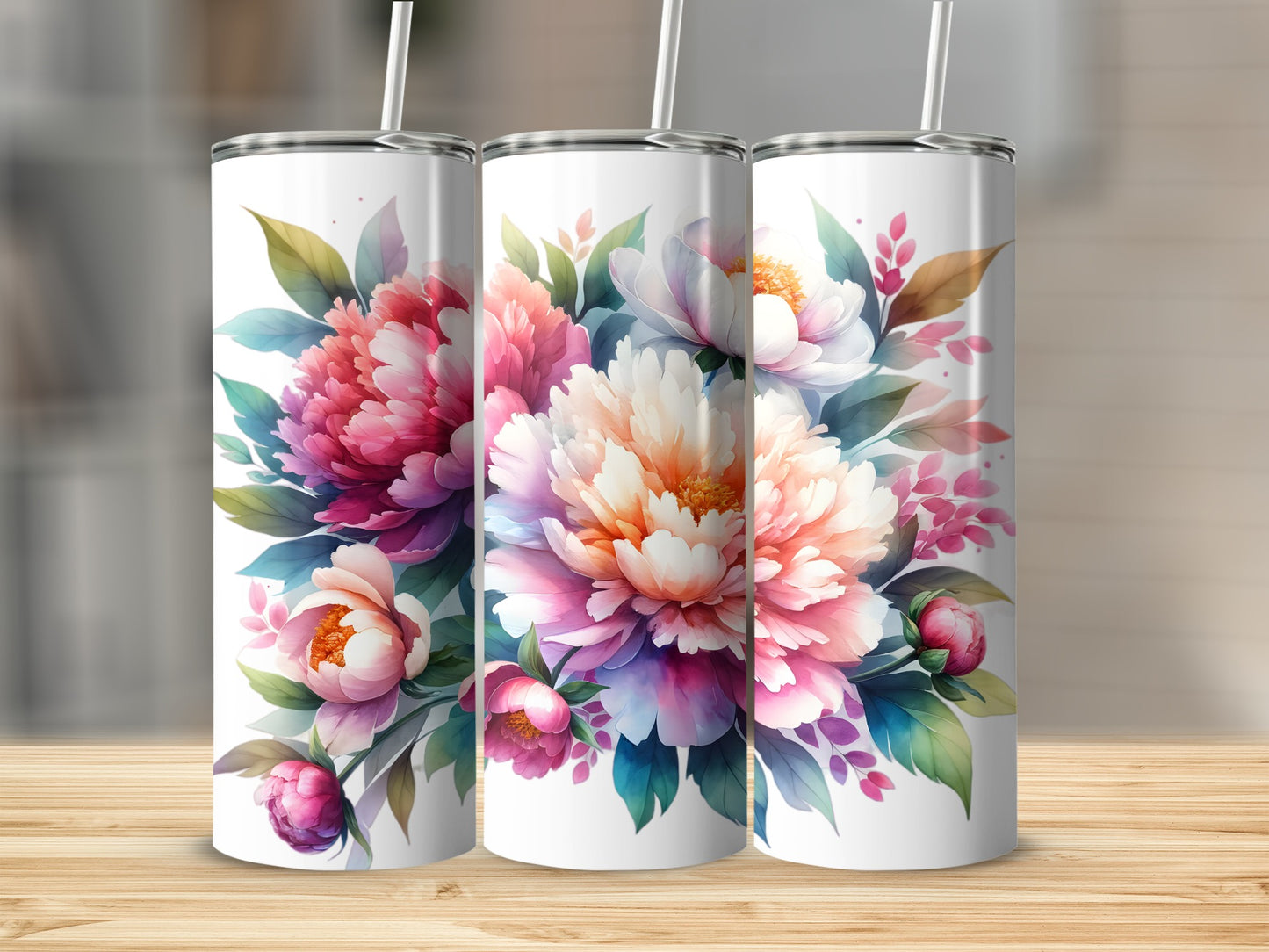 Three white tumblers featuring a bouquet of pink and white peonies.