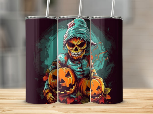 Tumbler with spooky skeleton holding pumpkins and autumn leaves.