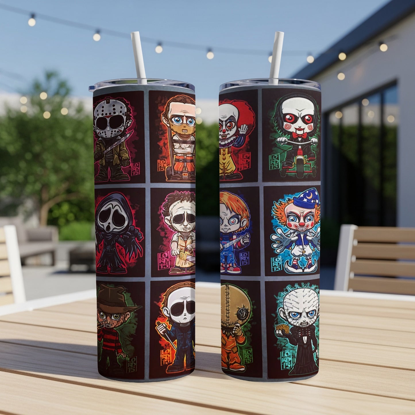 Chibi horror characters including Freddy, Jason, Pennywise, and Michael Myers on a tumbler.