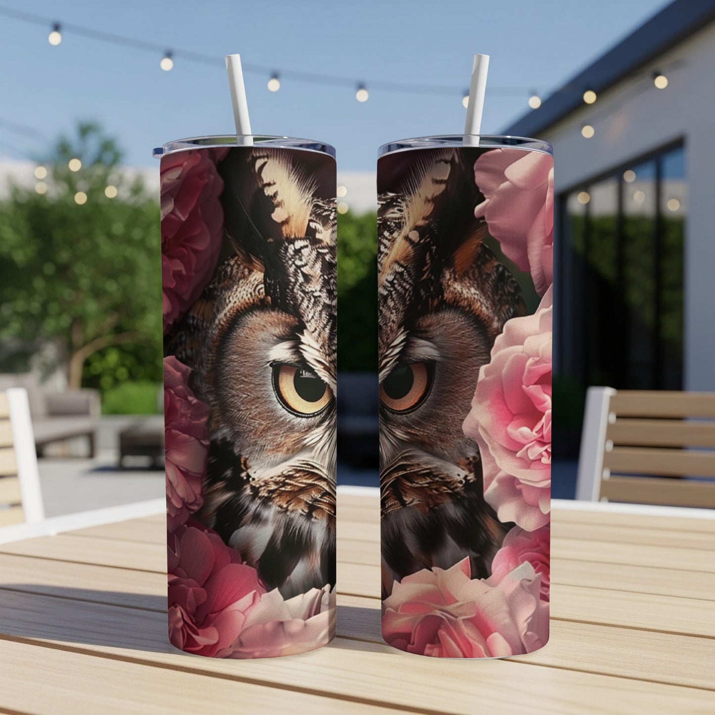 Owl and pink roses on a double-walled tumbler with straws.
