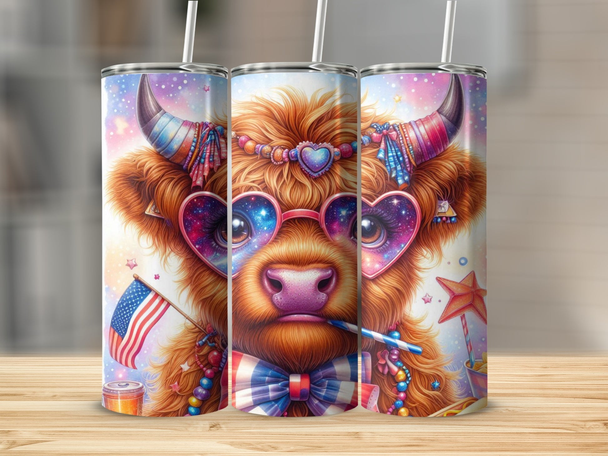 Highland cow wearing heart sunglasses and patriotic accessories.