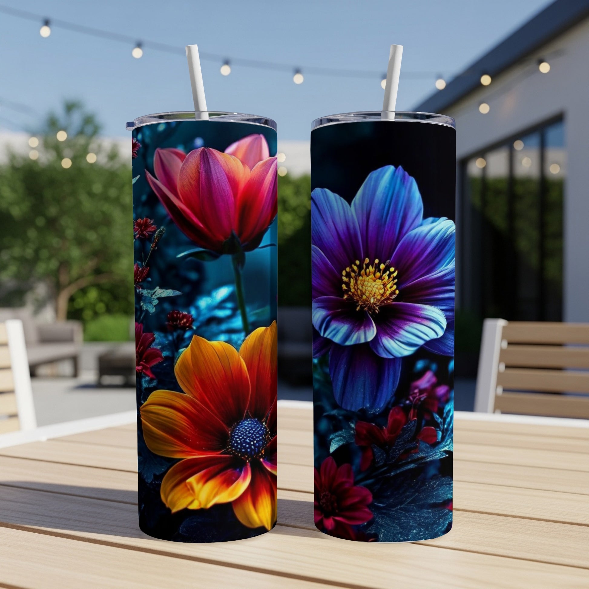 Two tumblers with vibrant floral designs: orange and pink flower, and blue and purple flower.