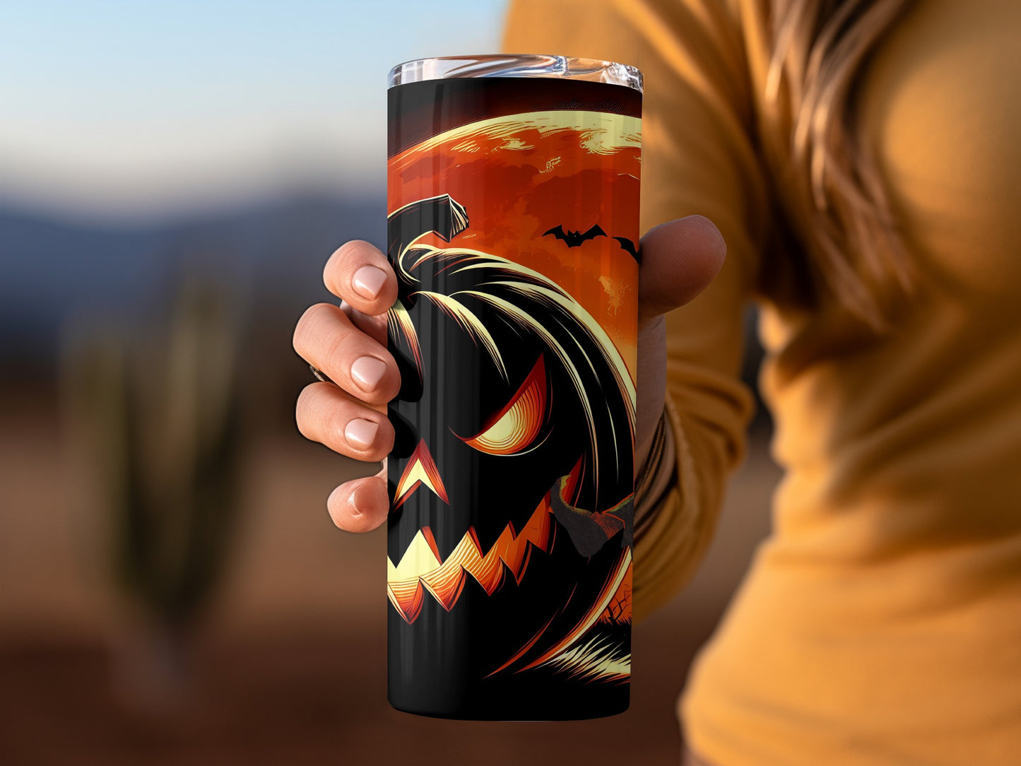 Spooky Halloween Pumpkin Tumbler with Bat Design