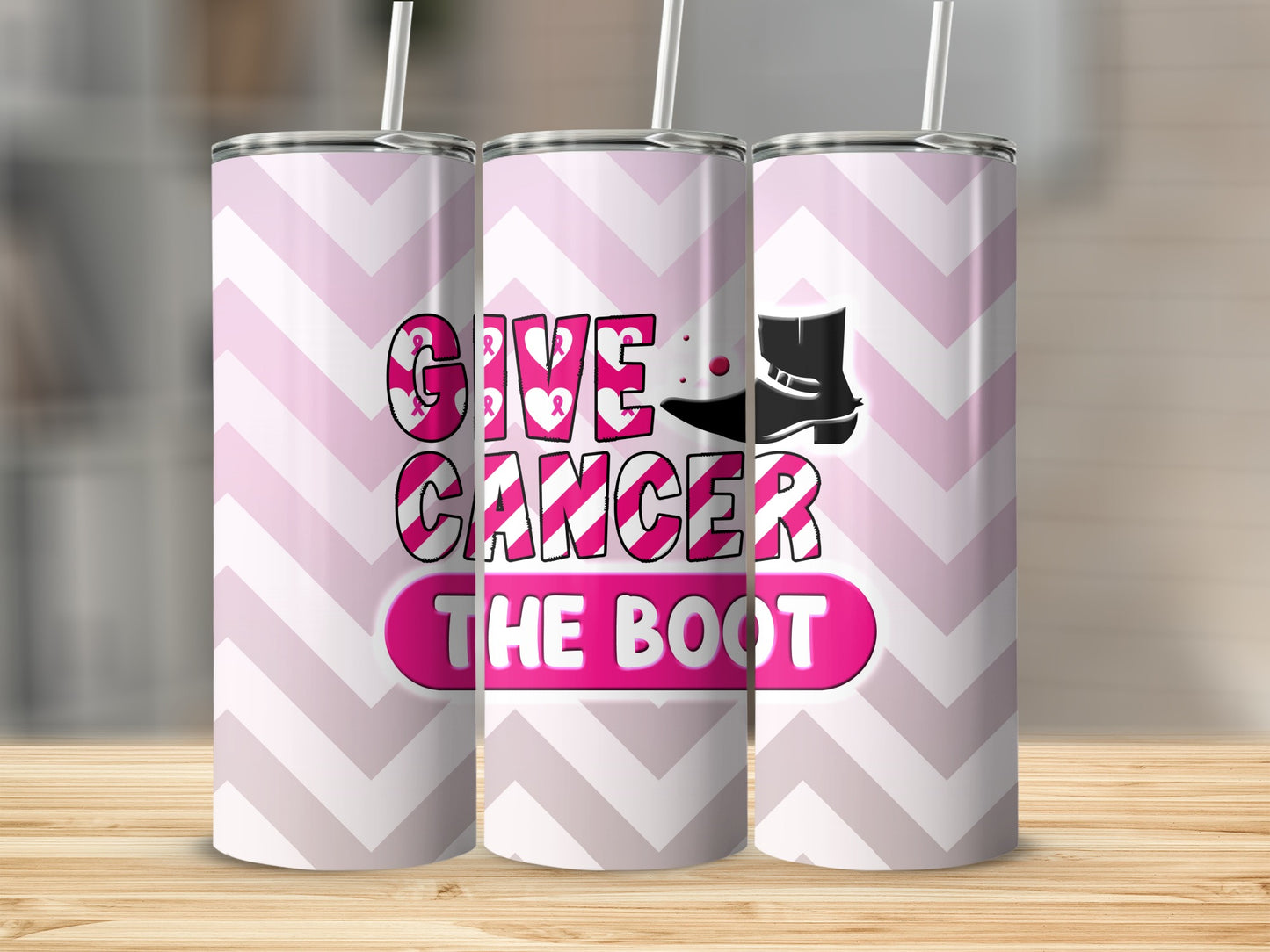 Pink ribbon graphic on tumbler with "Give Cancer the Boot" text.