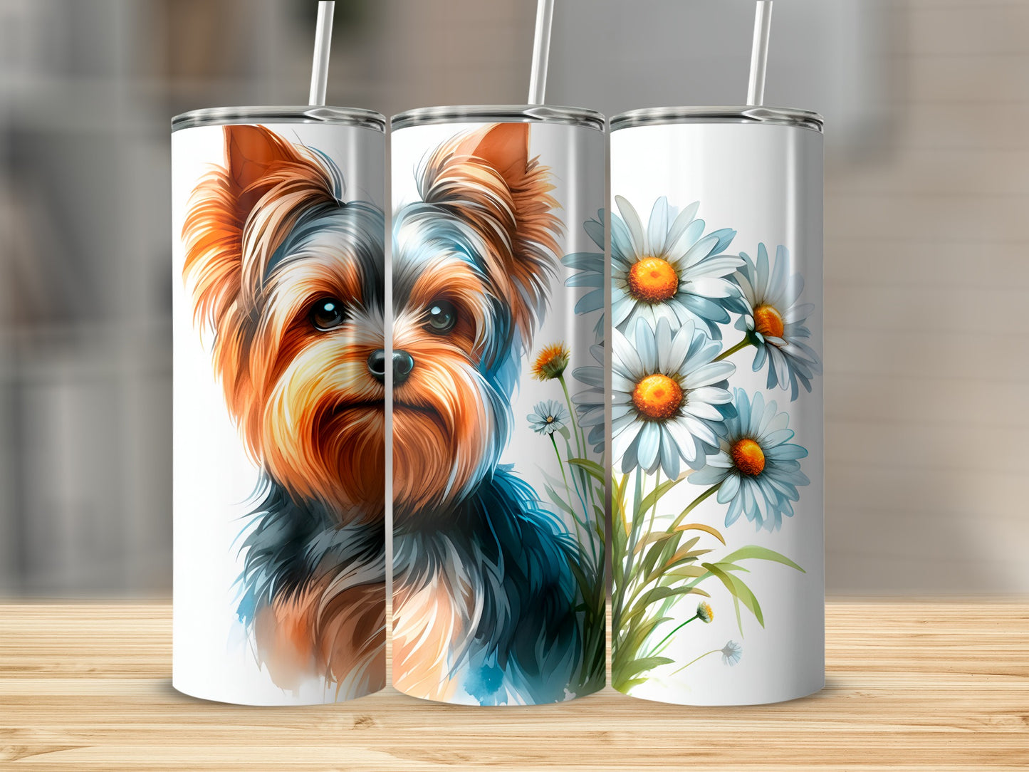 Yorkshire terrier with daisies on a white tumbler.
