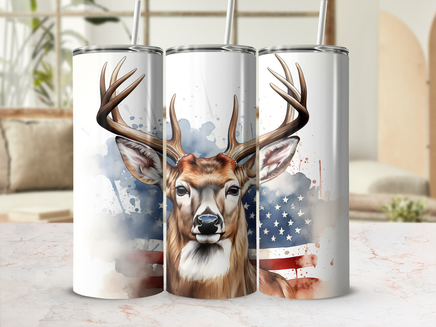 Deer head with American flag background on three tumblers.