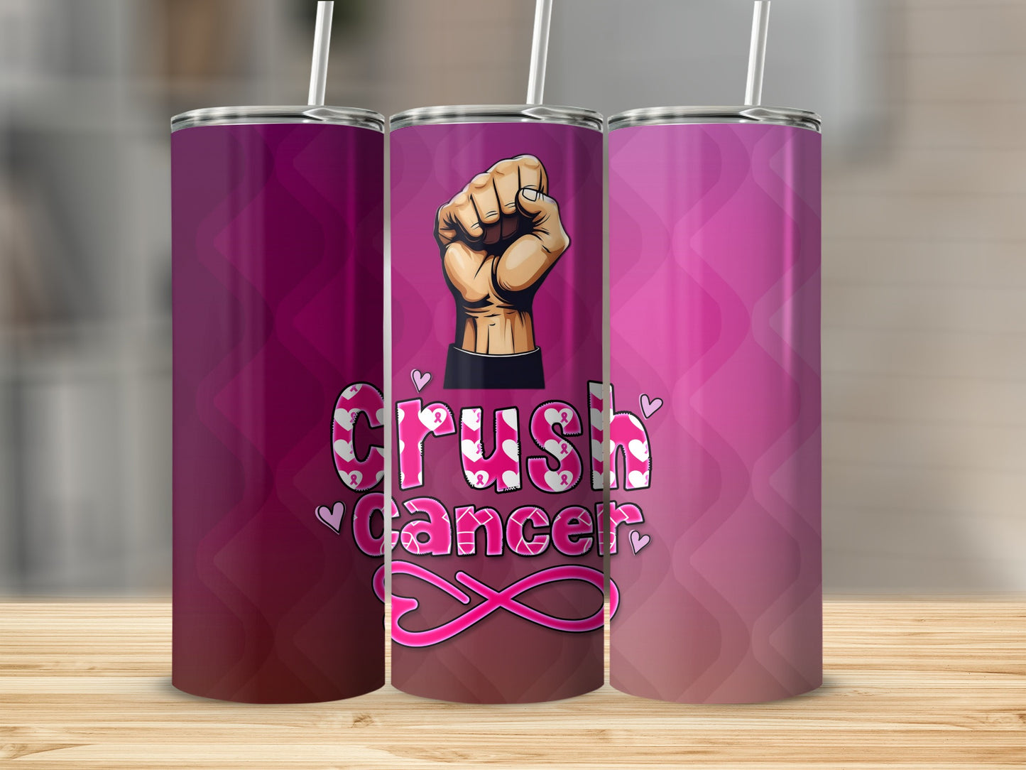 Three tumblers with pink gradient backgrounds and "Crush Cancer" text with a raised fist.