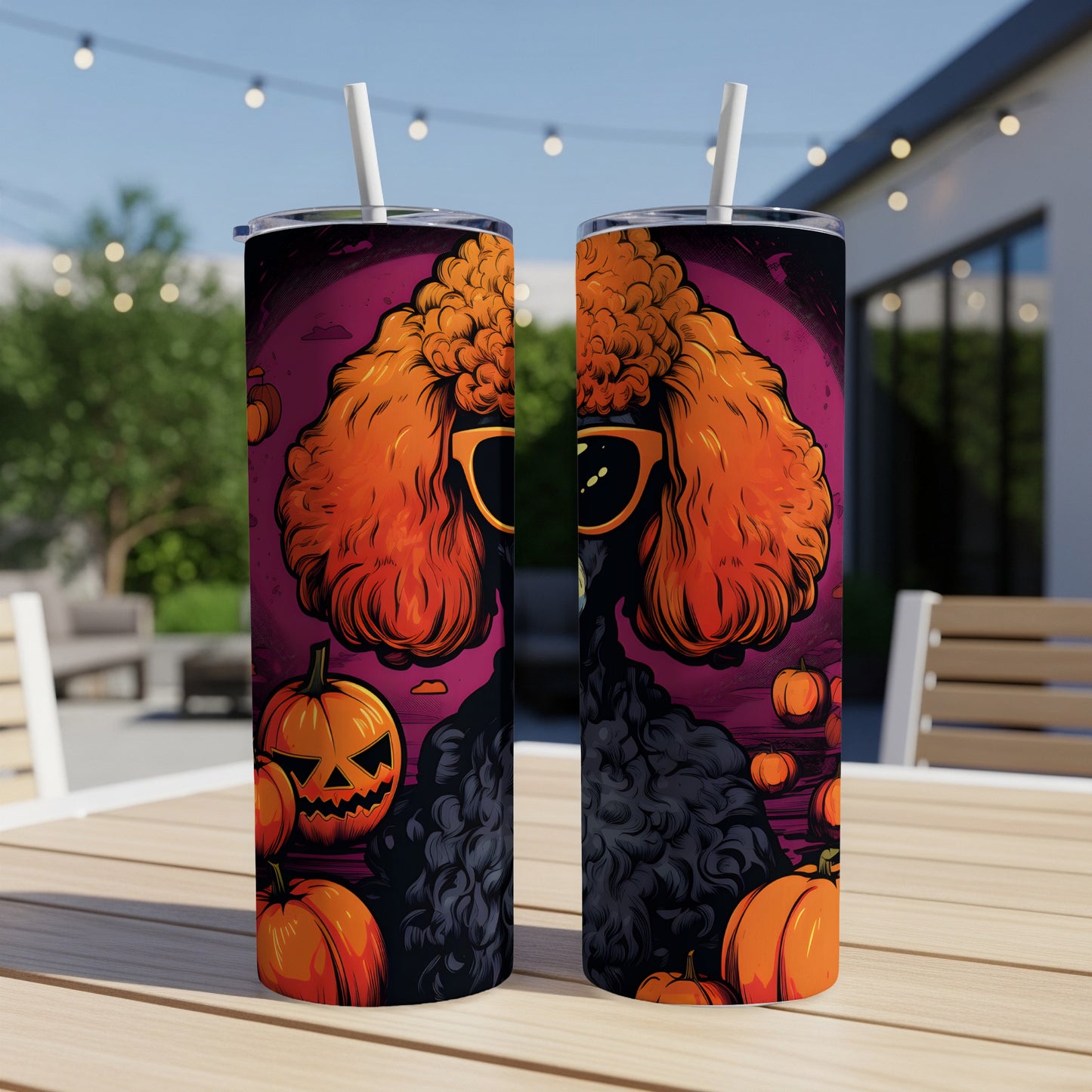 Two tumblers with a Halloween poodle and pumpkins design.