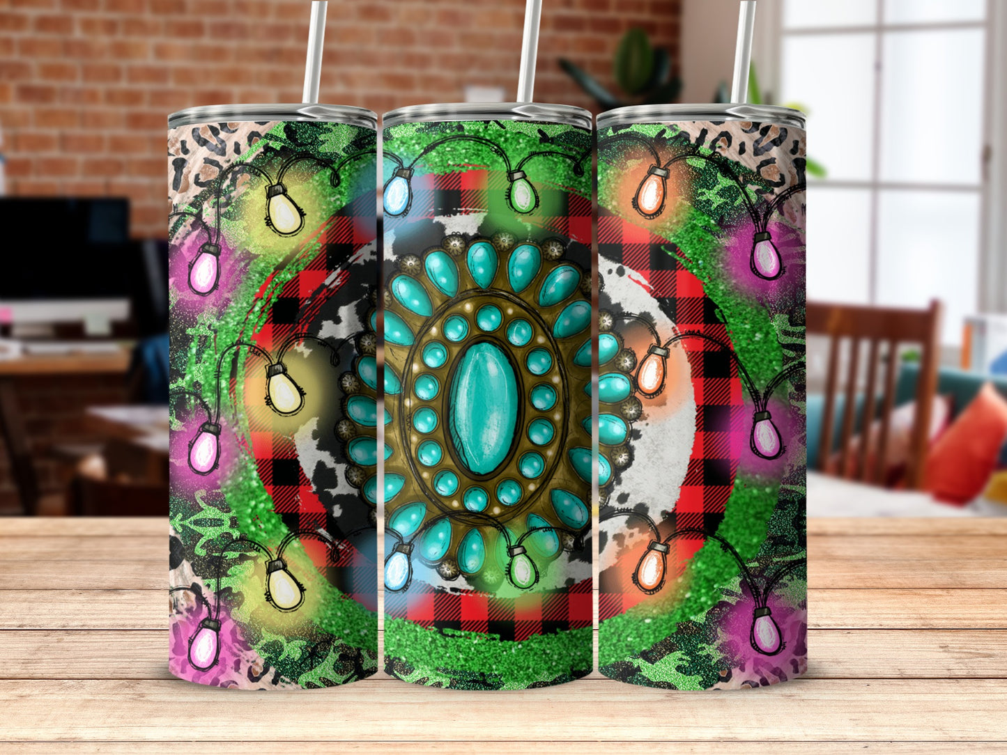 Tumbler with western mandala, buffalo plaid, and string lights pattern.