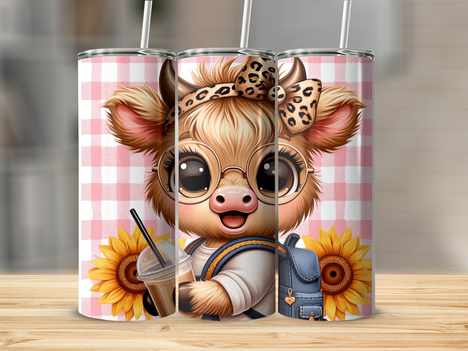 Cute cow wearing glasses and a bandana with a backpack and coffee.