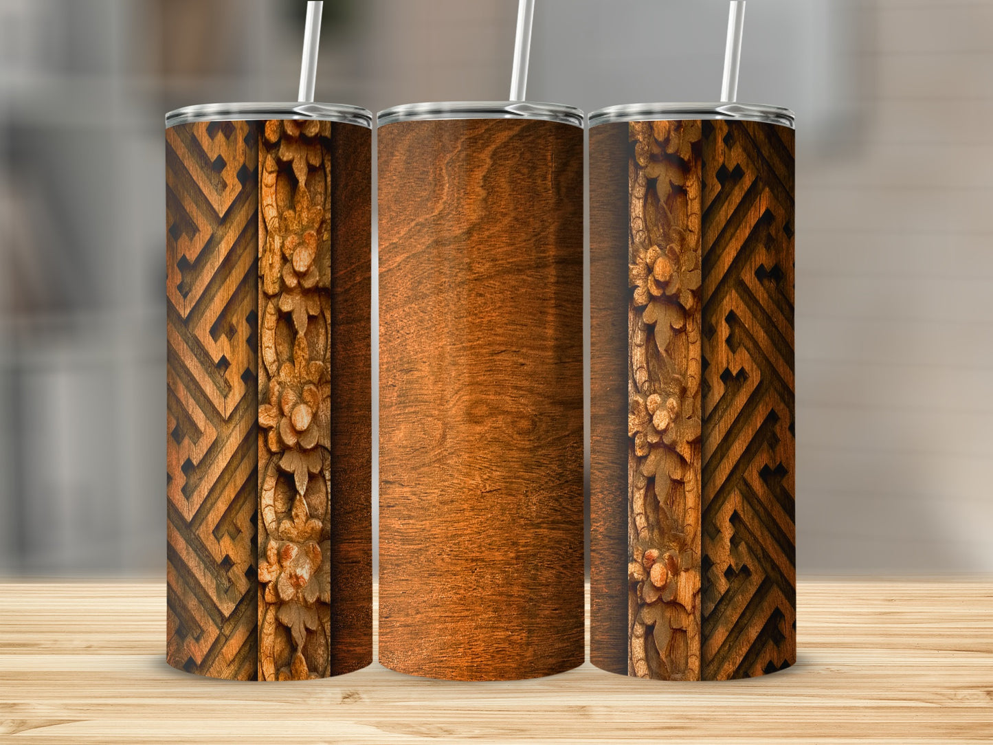 Carved Wood Floral Details and Geometric Patterns Tumblers