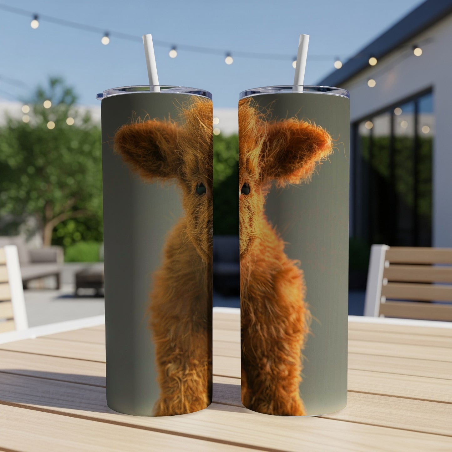 Two fuzzy highland cows on tumblers, displayed outdoors on a table.