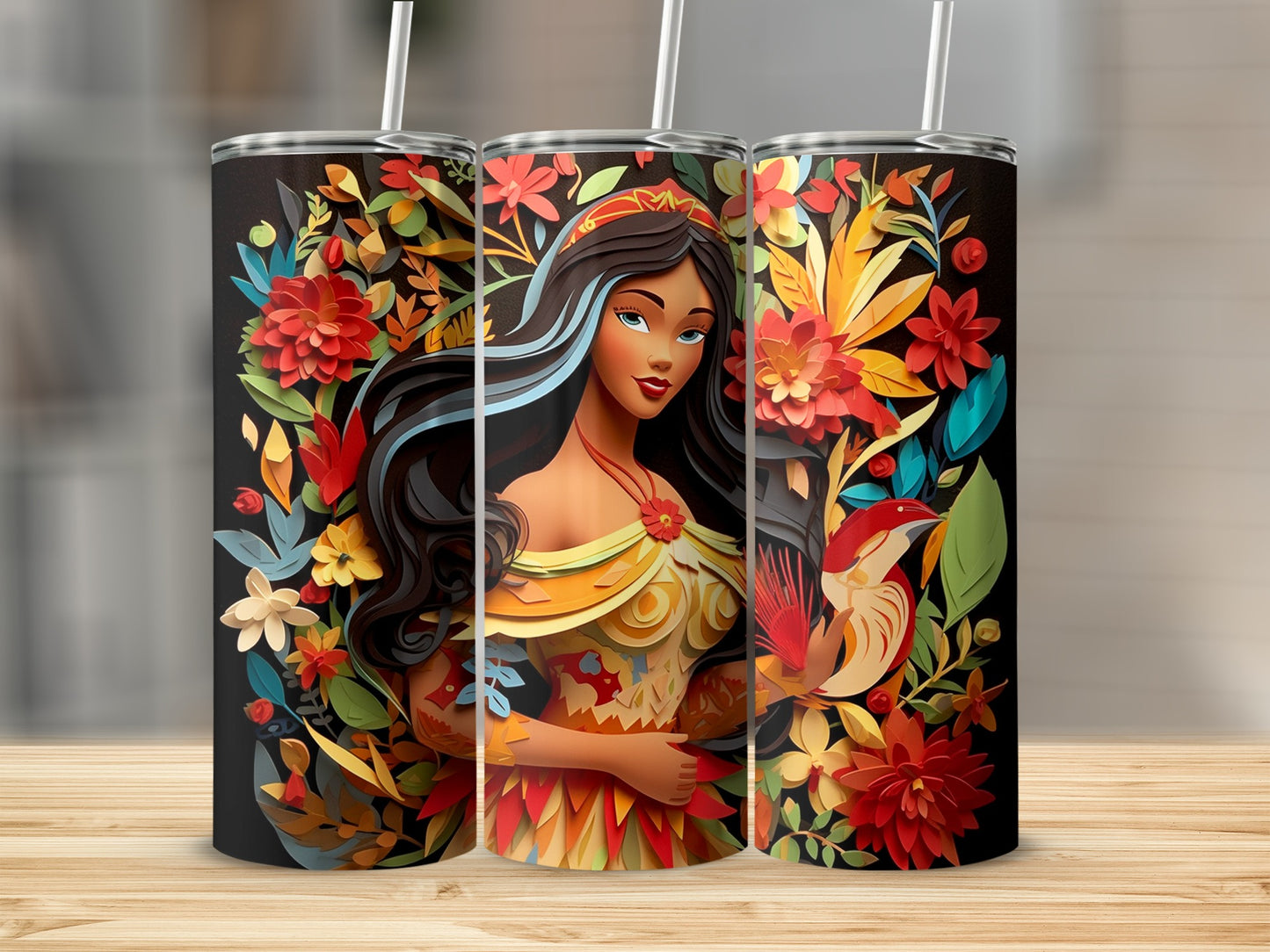 Vibrant Floral Princess and Bird Design Tumbler