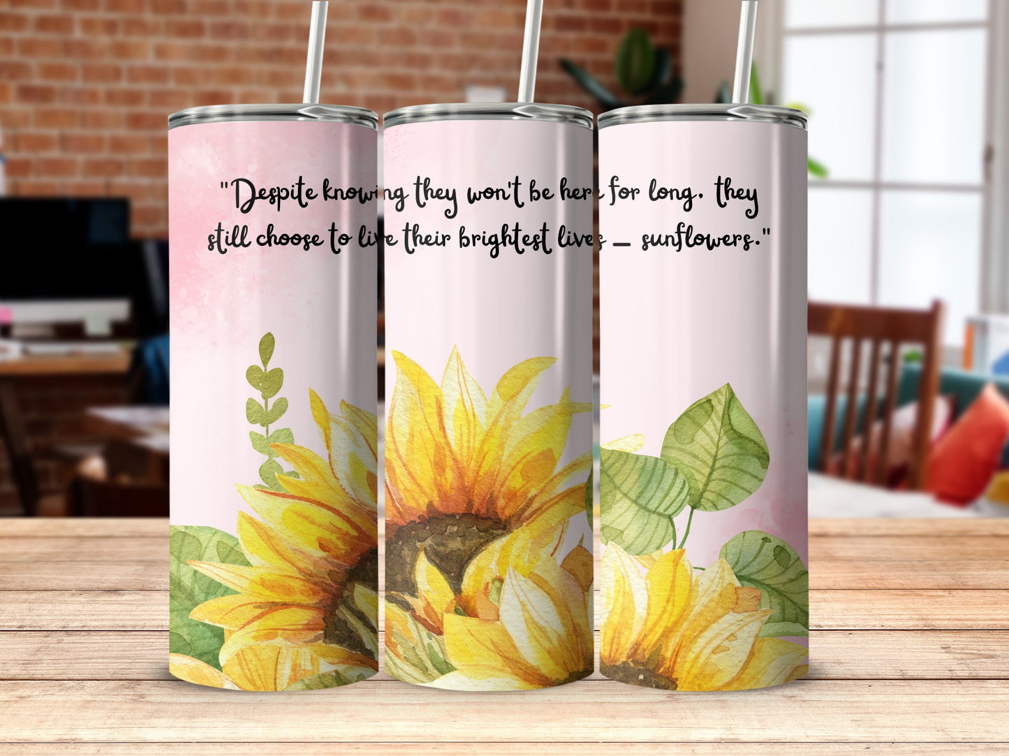 Sunflower Design Tall Insulated Tumbler with Straw