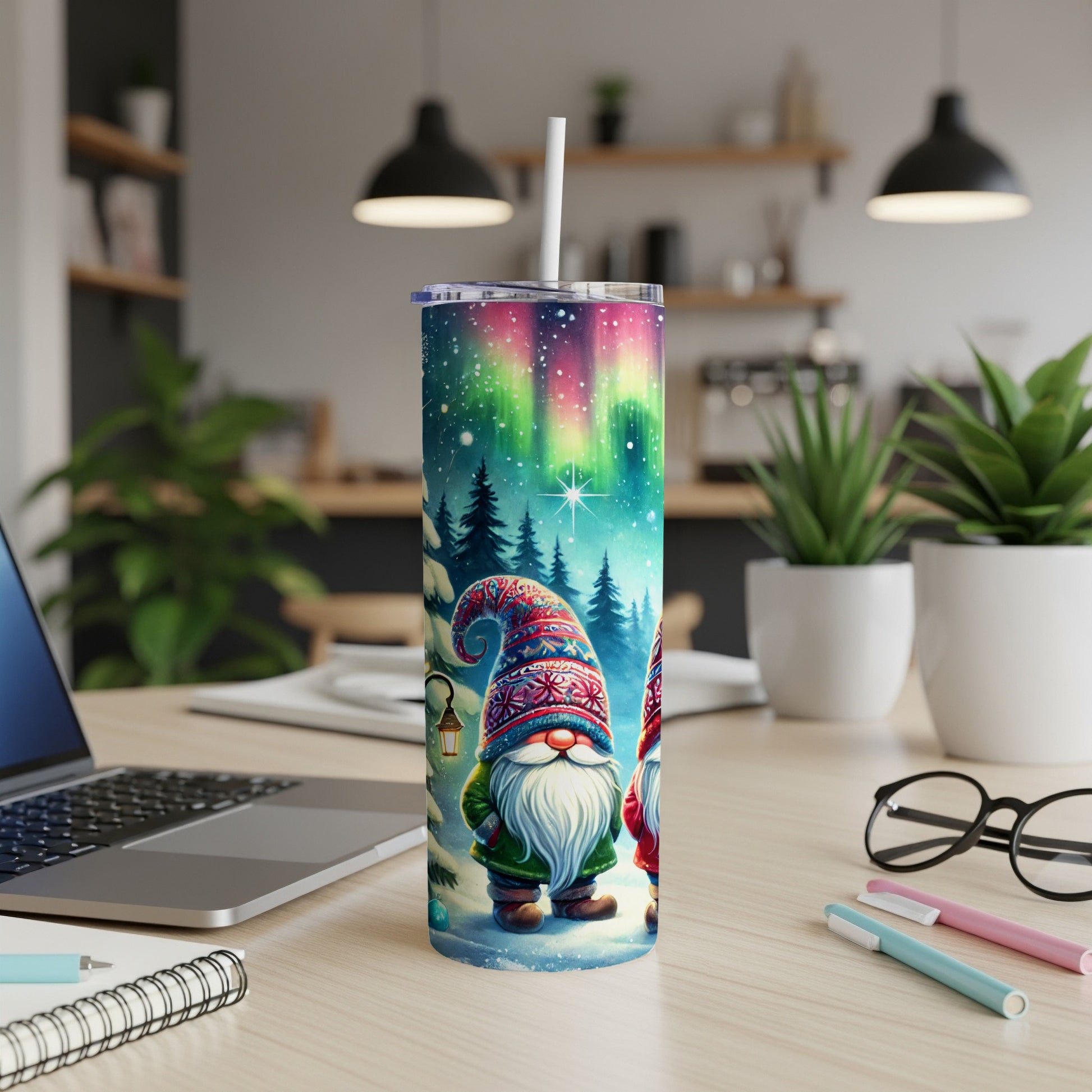 Two gnomes stand in a snowy forest under the aurora borealis.