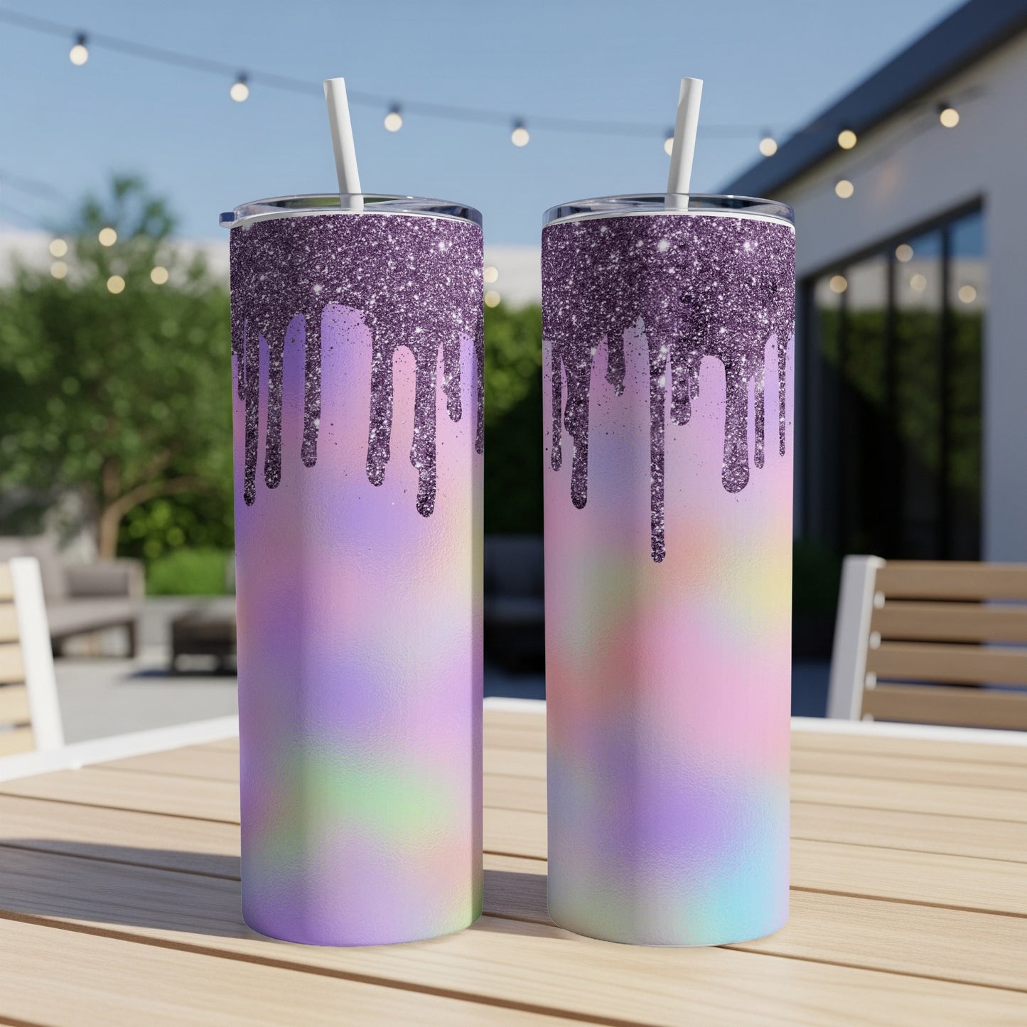 Two tumblers with purple glitter drip design on ombre pastel backgrounds.