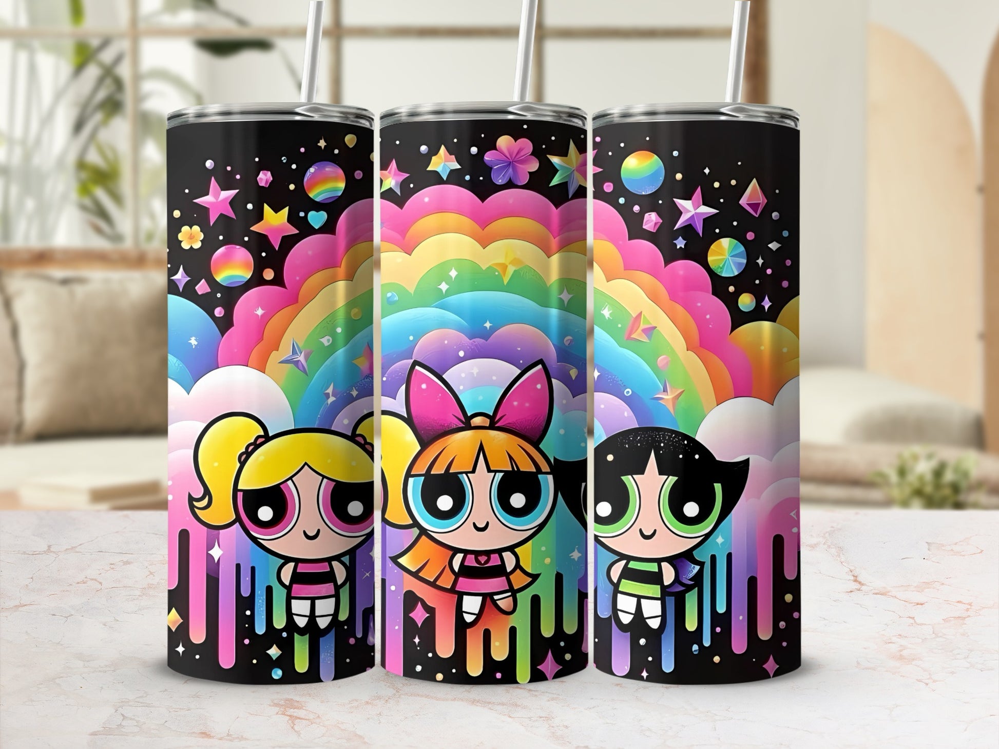 Colorful Rainbow Stars Cartoon Characters Tumbler Set