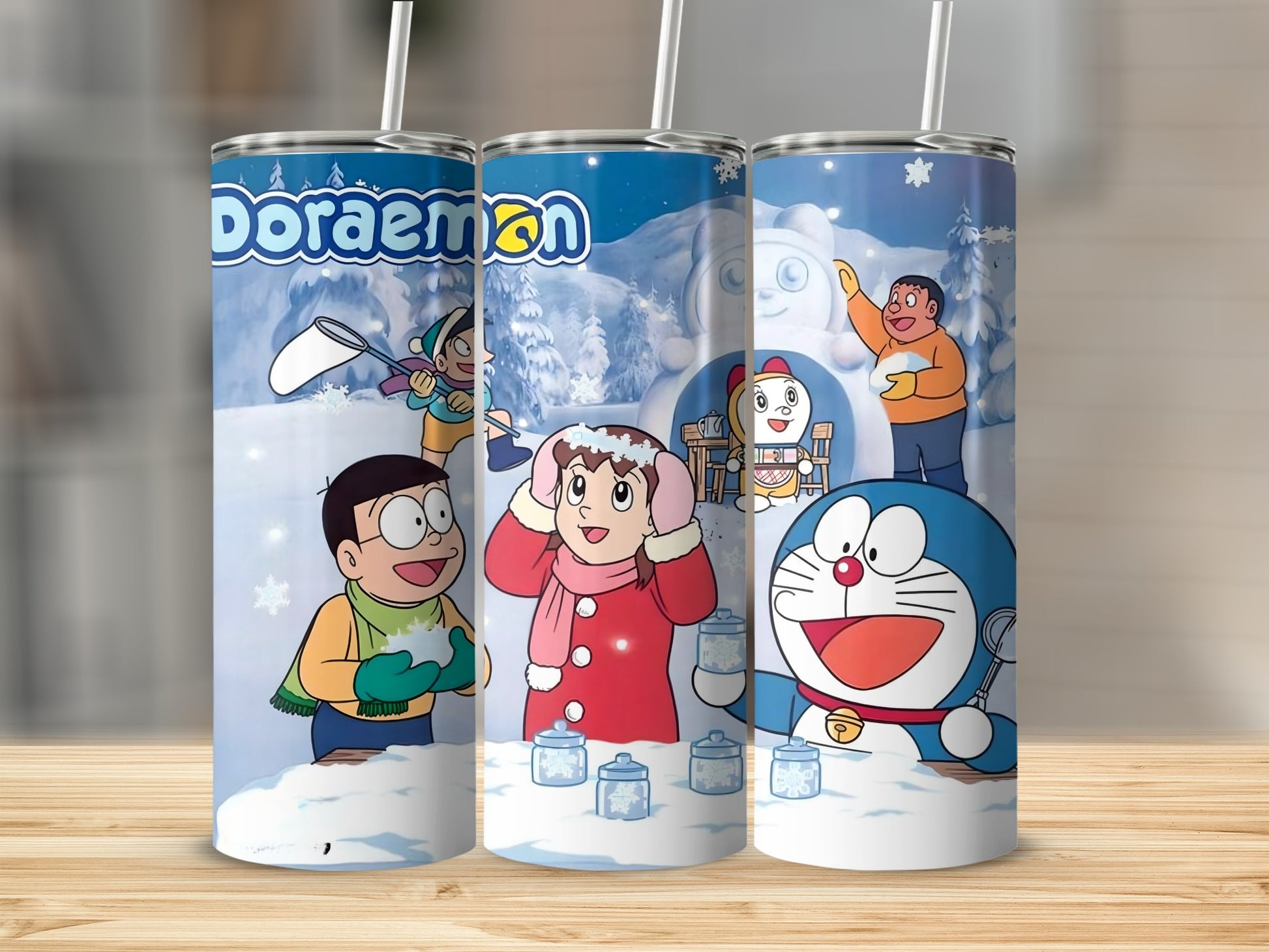 Doraemon Winter Scene Illustration Tumbler