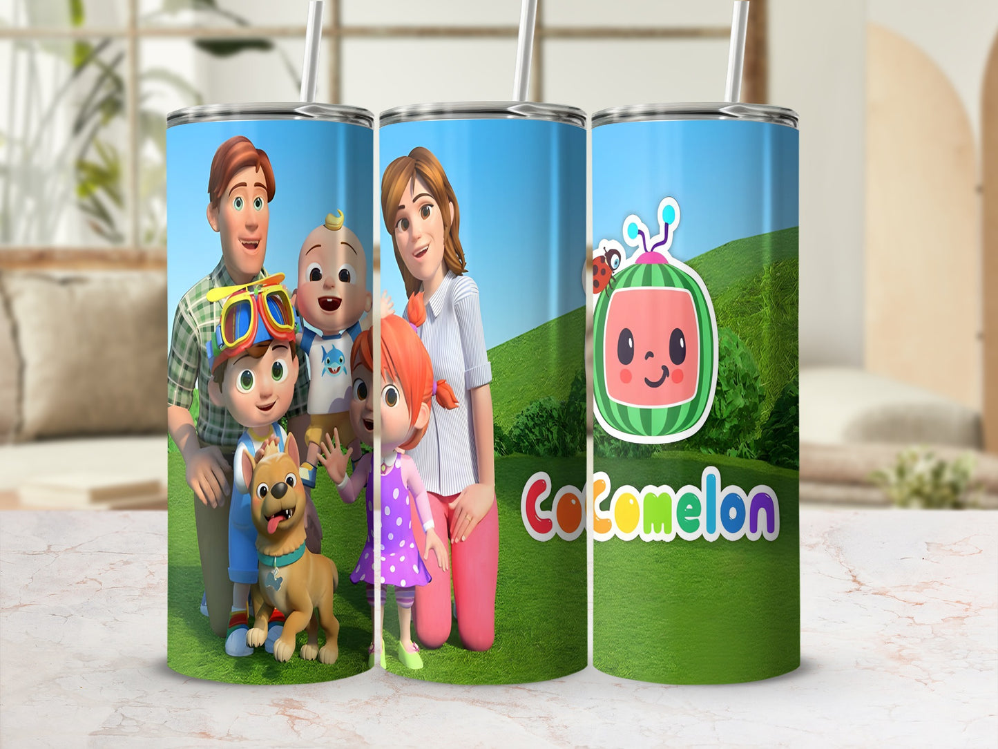 Cocomelon characters with a watermelon logo on a blue tumbler.
