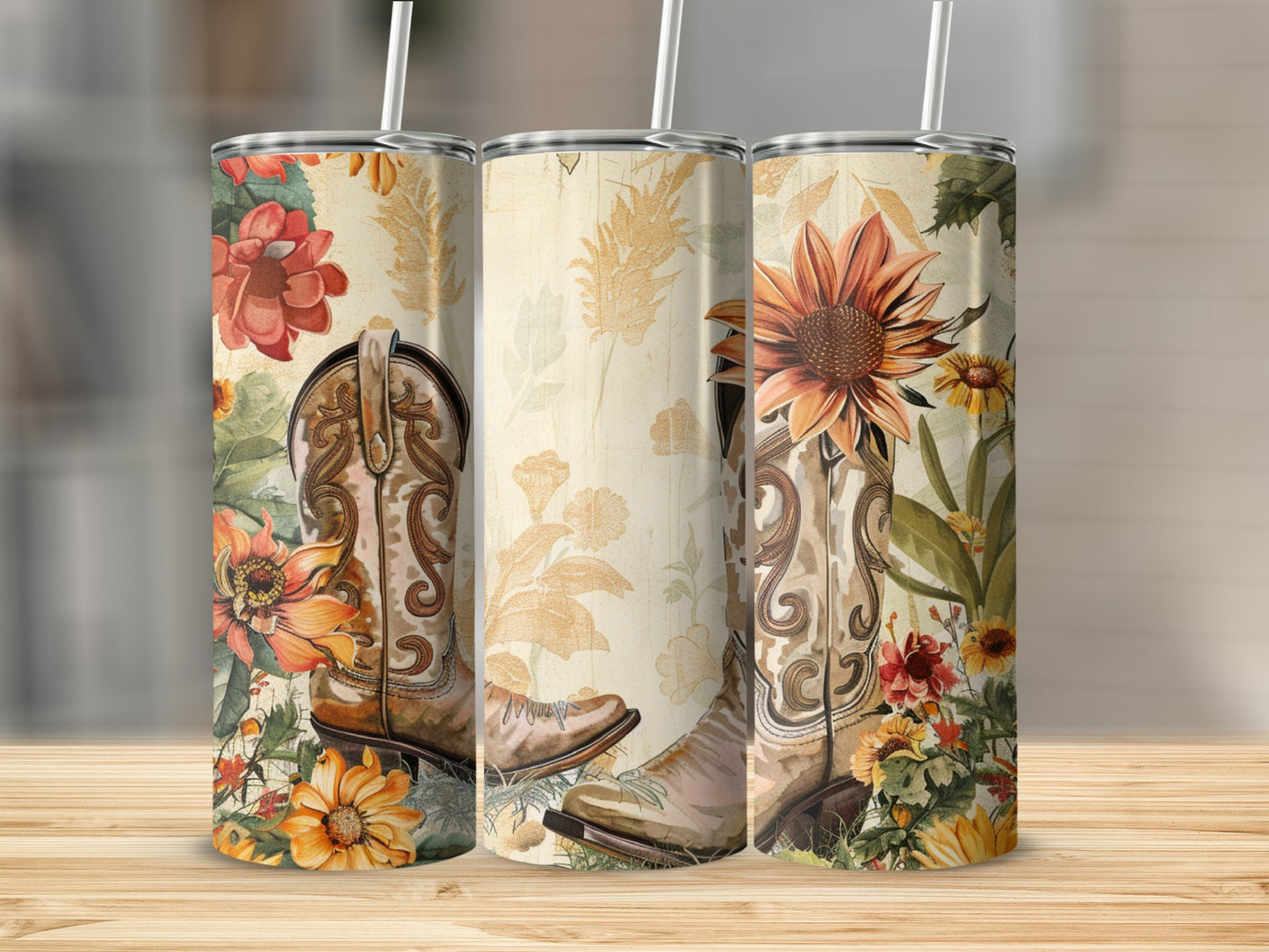 Brown cowboy boots with sunflowers and floral patterns on a tumbler.
