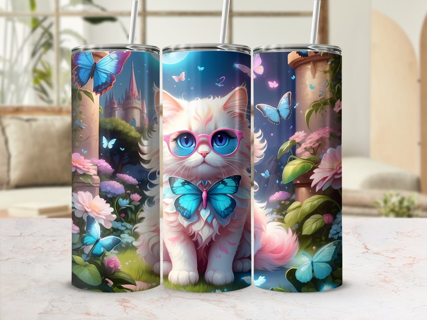 Fluffy white cat with pink glasses and butterfly bowtie, surrounded by butterflies and flowers.