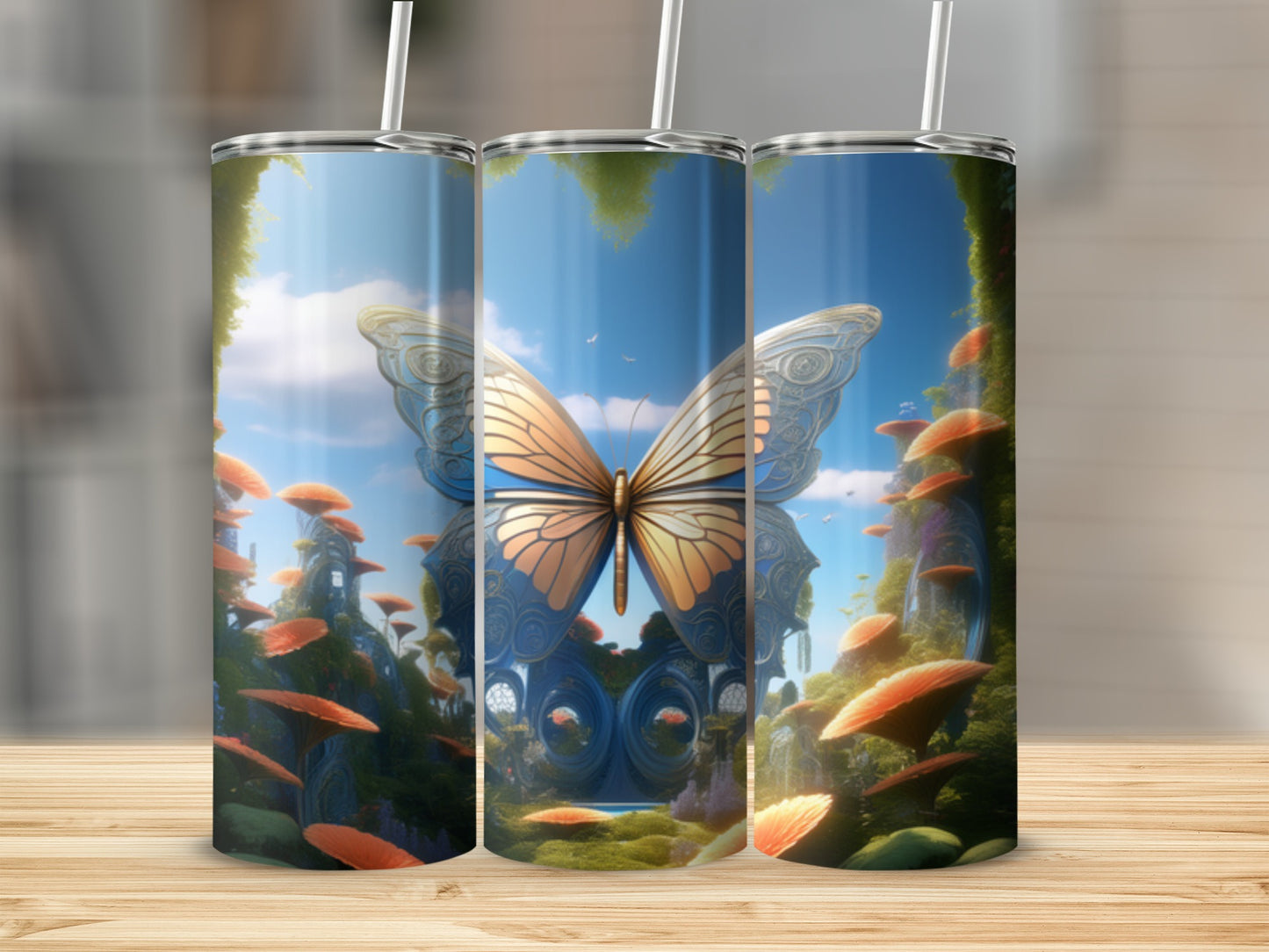 Fantasy scene with a large butterfly, glowing mushrooms, and ornate blue archway.