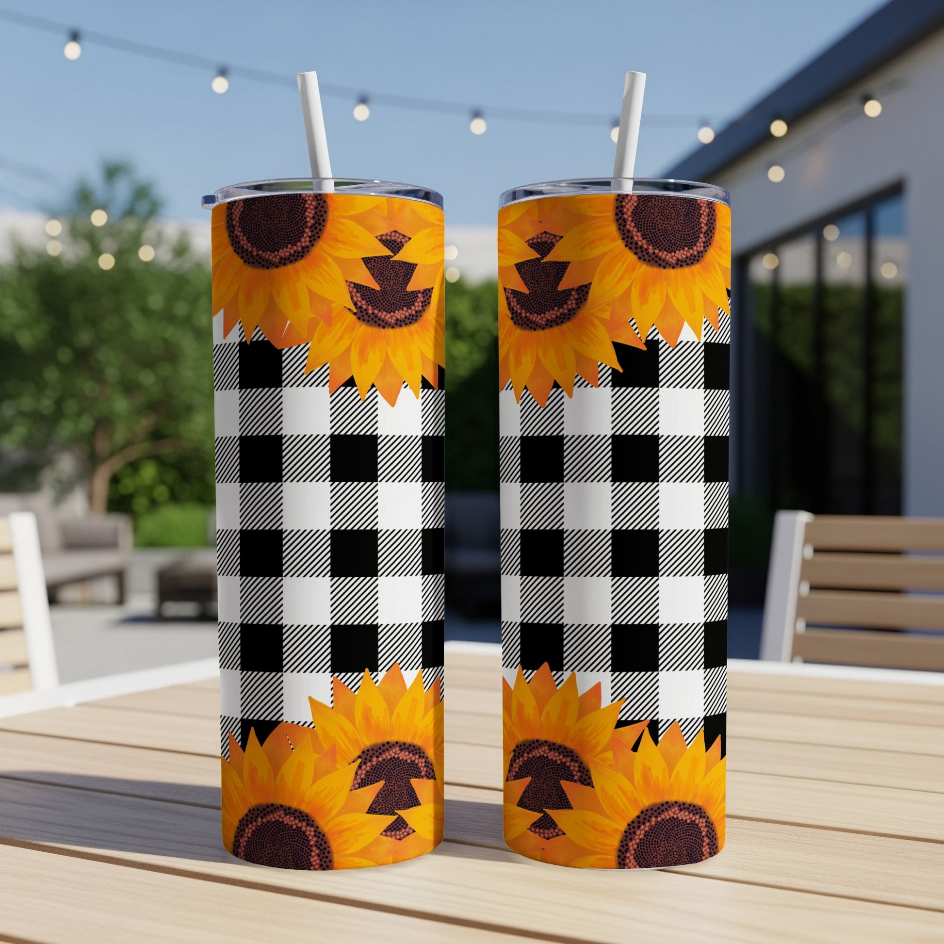 Two tumblers with sunflowers and black and white buffalo plaid pattern.