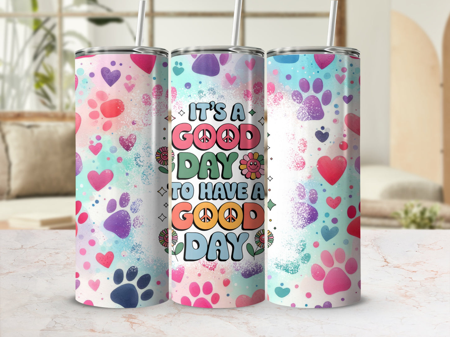 Colorful Paw Prints and Hearts 'Good Day' Tumbler Cup
