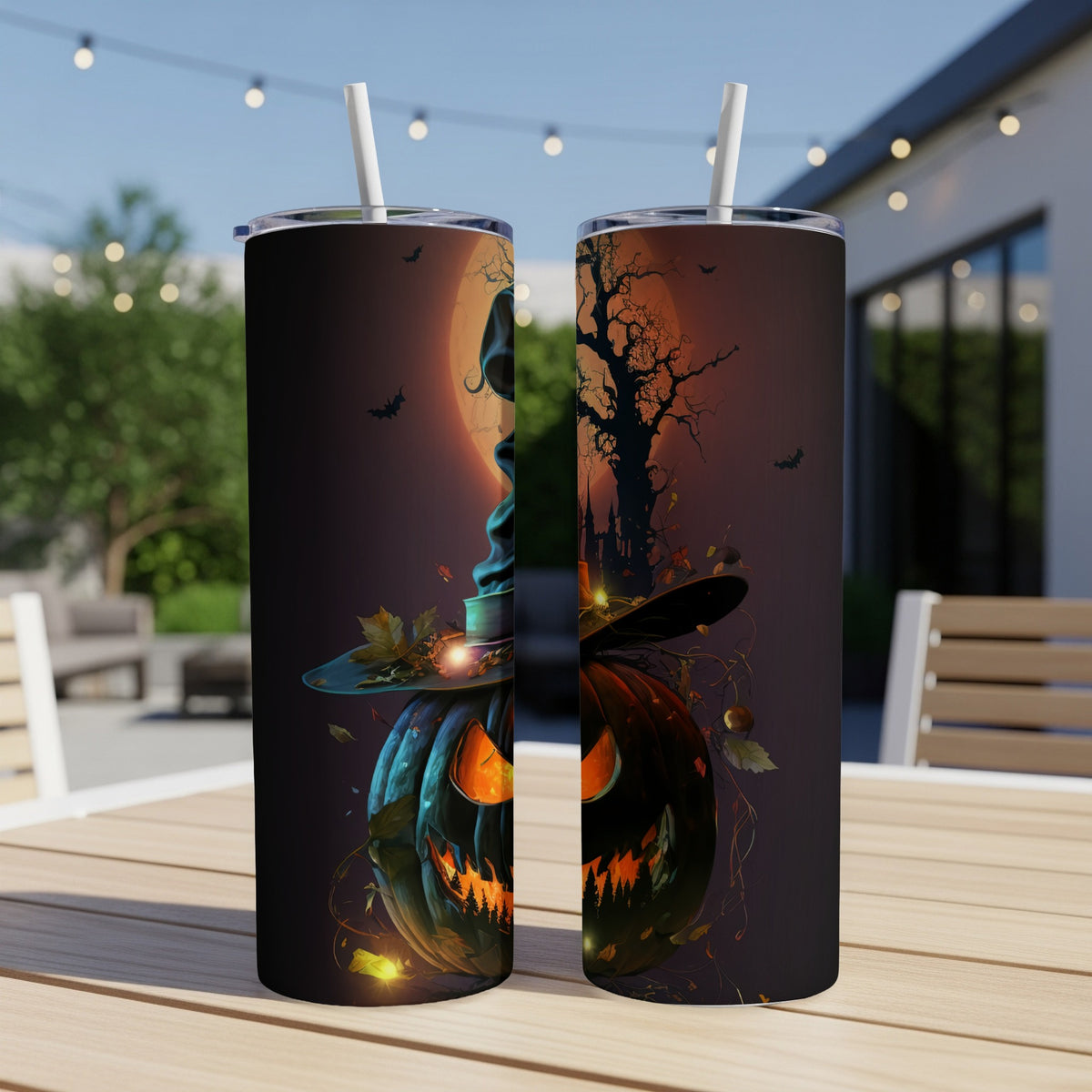 Two Halloween-themed tumblers with spooky jack-o'-lantern and haunted tree designs.