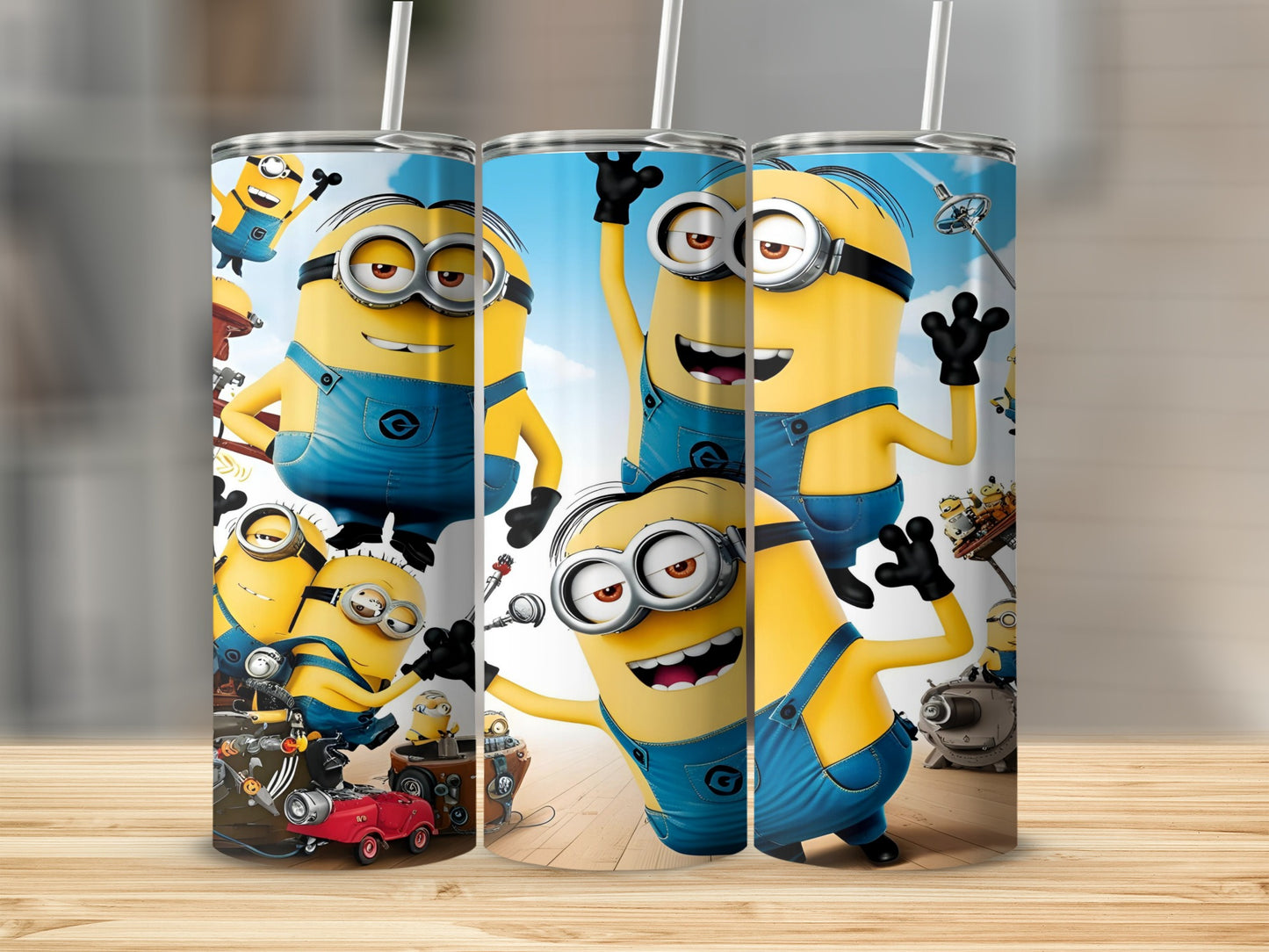 Three Minions in blue overalls holding straws, with a red car and machinery.