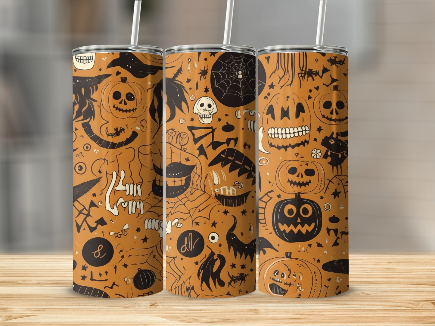 Halloween Pumpkin Skeleton and Spider Design Tumbler