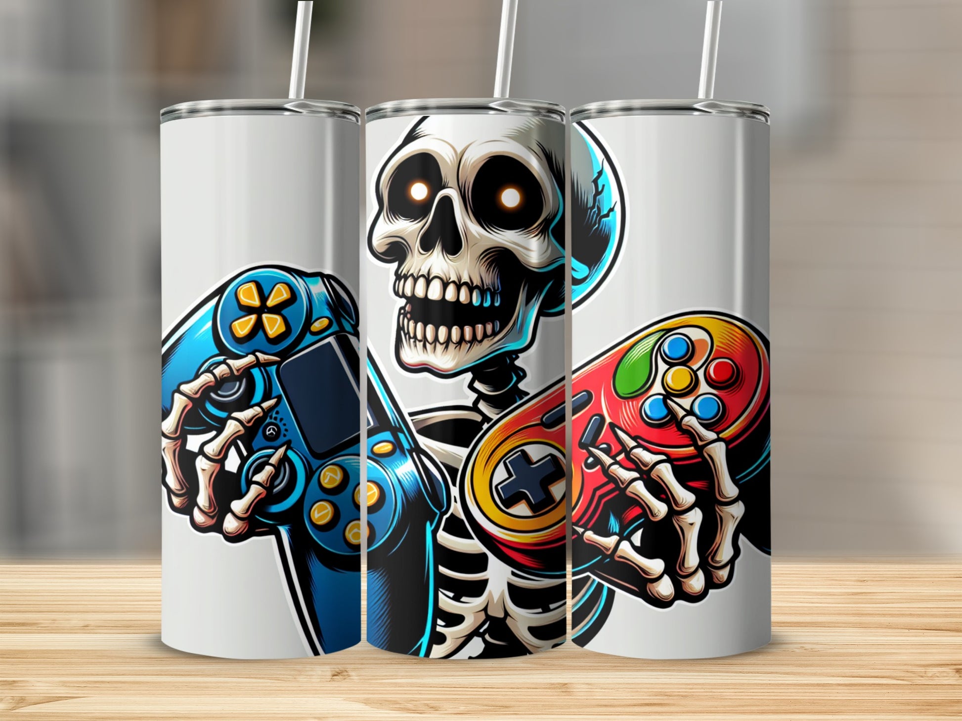 Skeleton holding two video game controllers, one blue and one red.