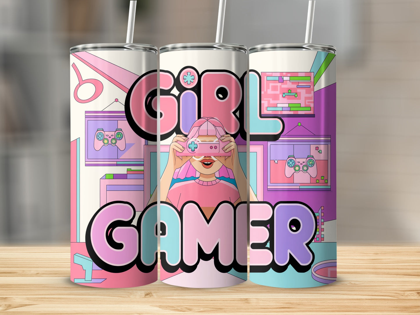 Girl gamer illustration with pastel pink, purple, and blue gaming screens.