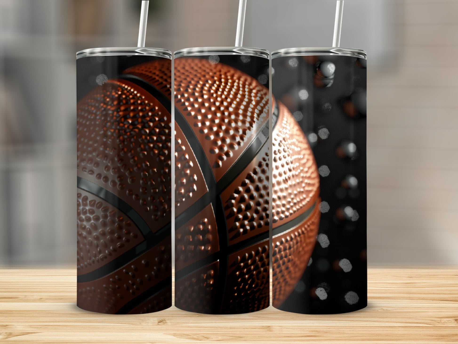 Basketball tumbler with a dark background and water droplets.