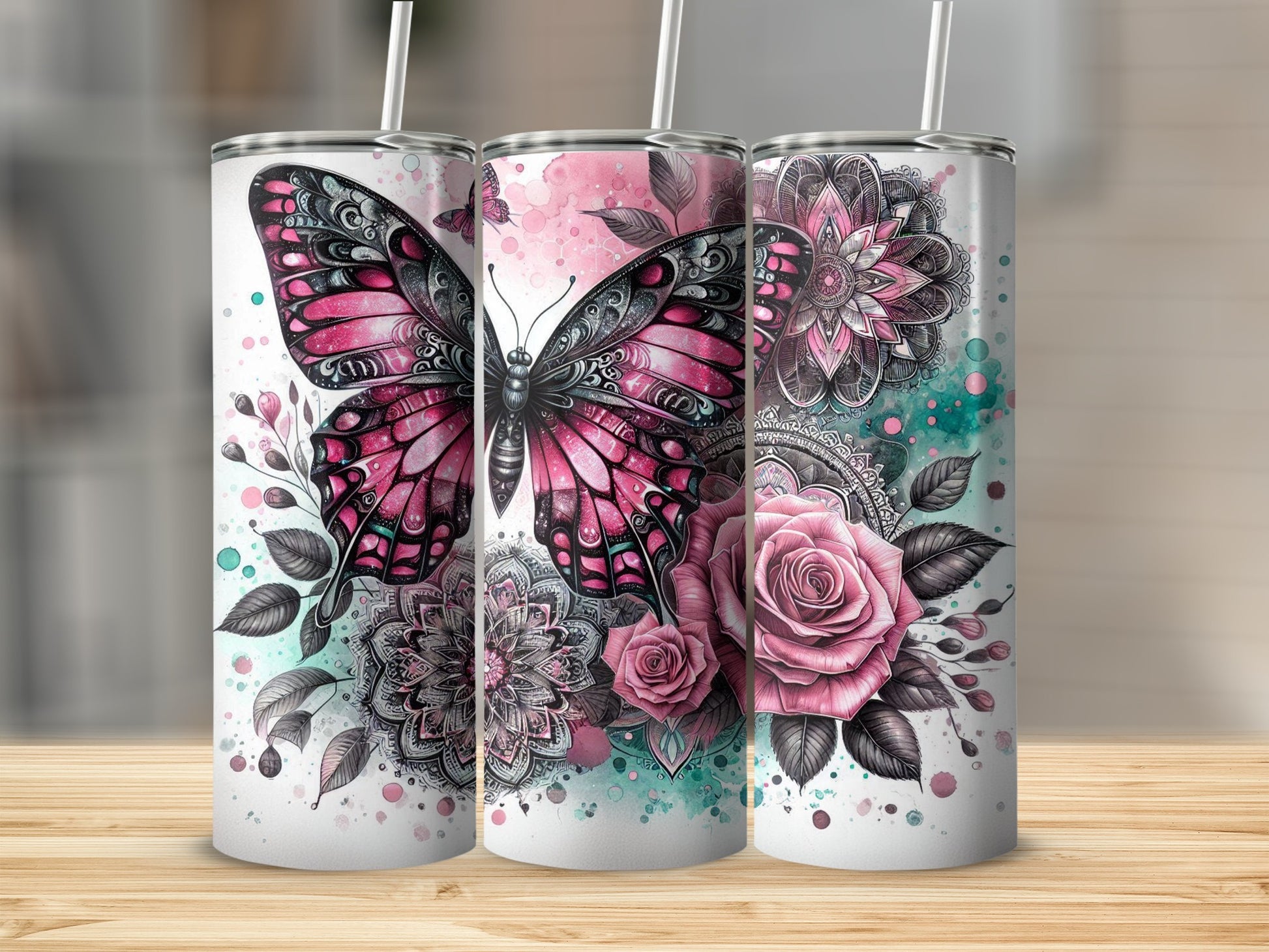 Pink Butterfly Rose Mandala Watercolor Design Tumbler product type
